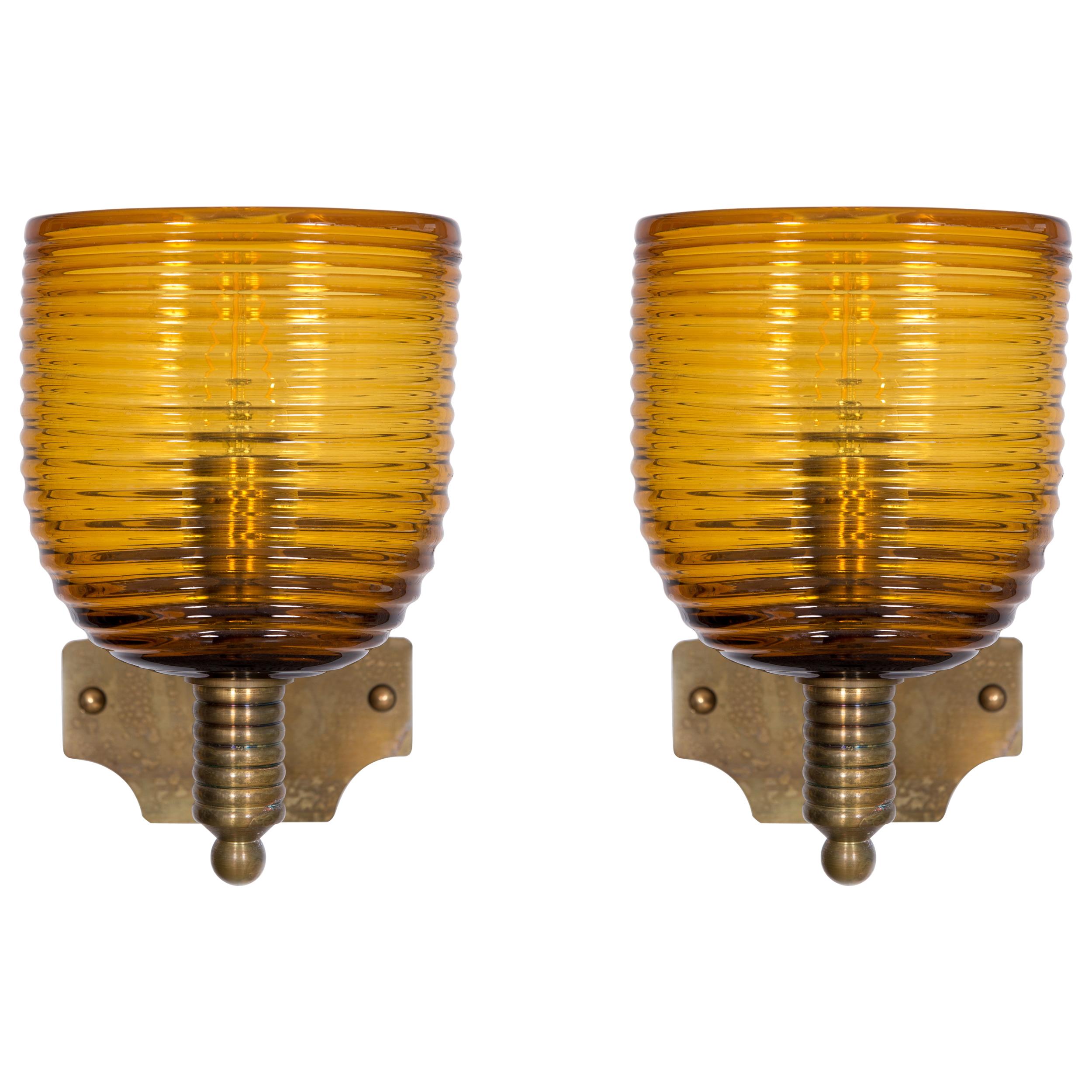 Italian Pairs of Amber Sconces in Blown Murano Glass Antique Brass Frame, 1960s
