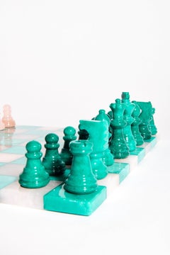 Italian Pale Pink/Malachite Green Large Alabaster Chess Set