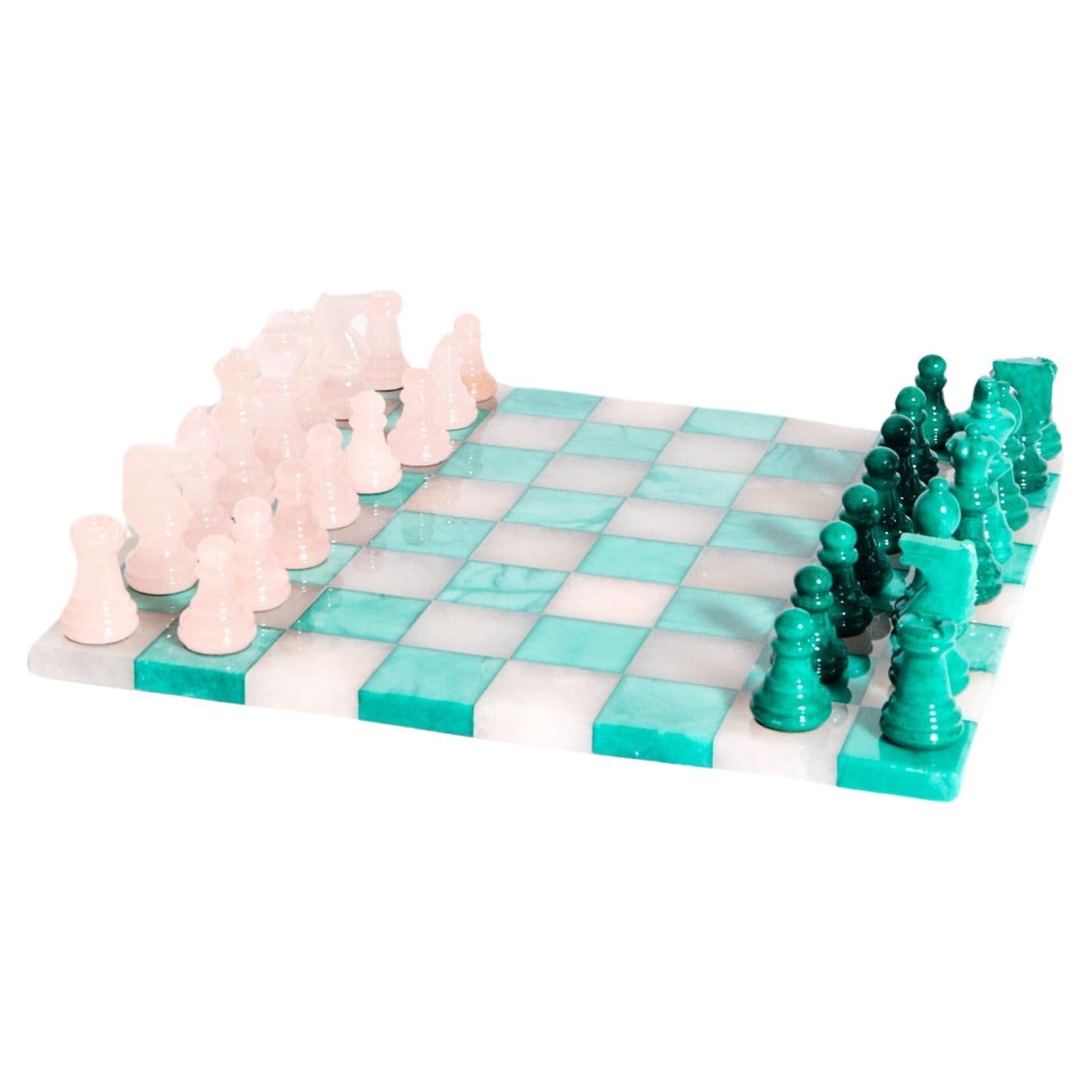 Grand jeu d'échecs italien en albâtre rose pâle/vert malachite
