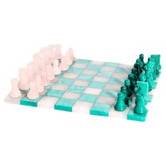 Grand jeu d'échecs italien en albâtre rose pâle/vert malachite