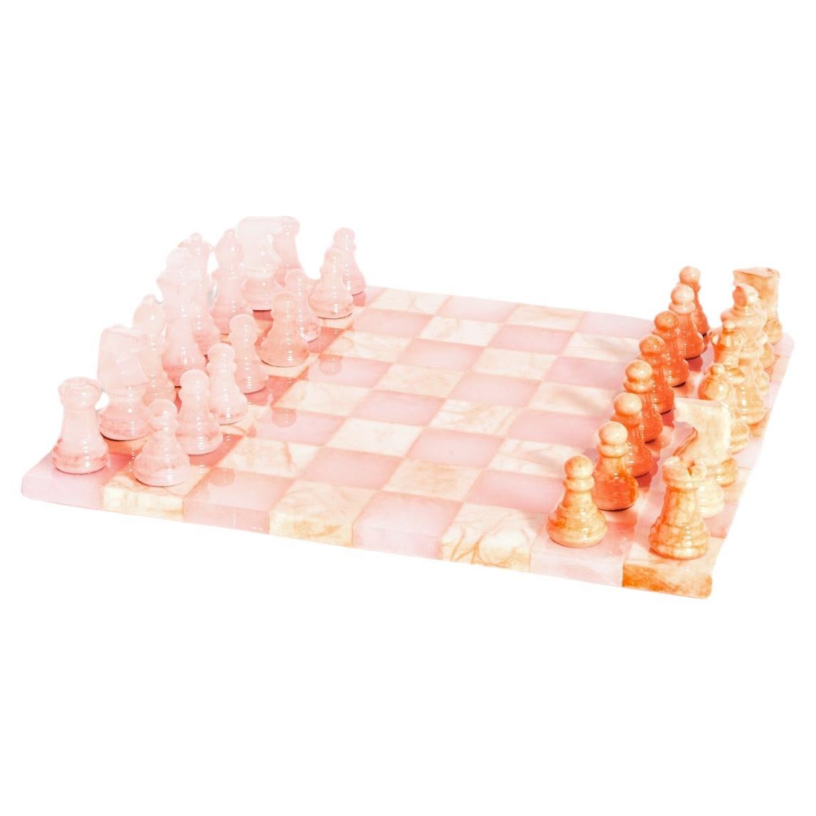 Italian Pale Pink/Peach Large Alabaster Chess Set For Sale