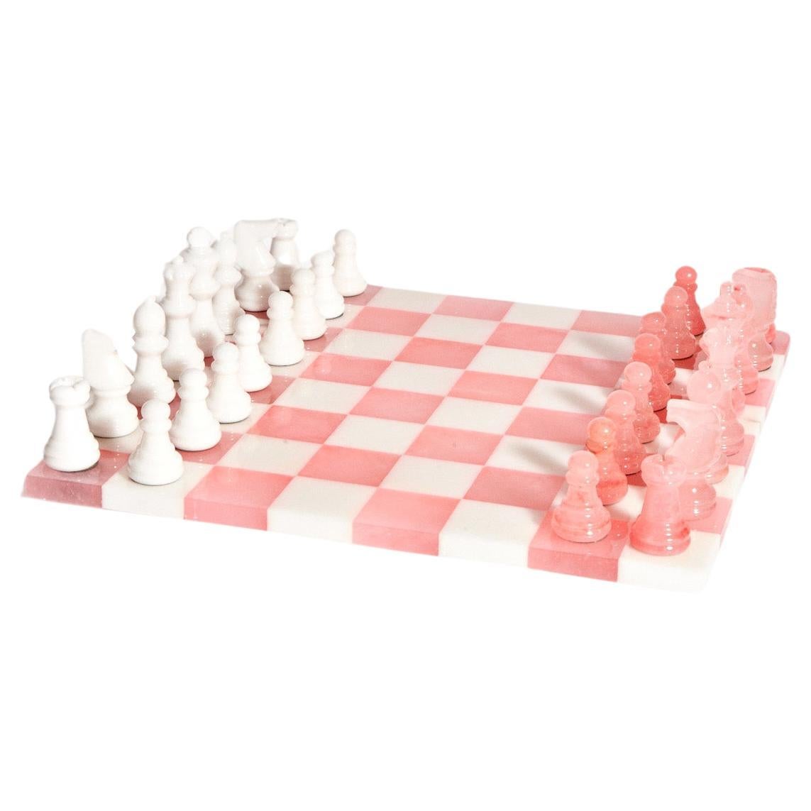 Italian Pale Pink/White Large Alabaster Chess Set For Sale