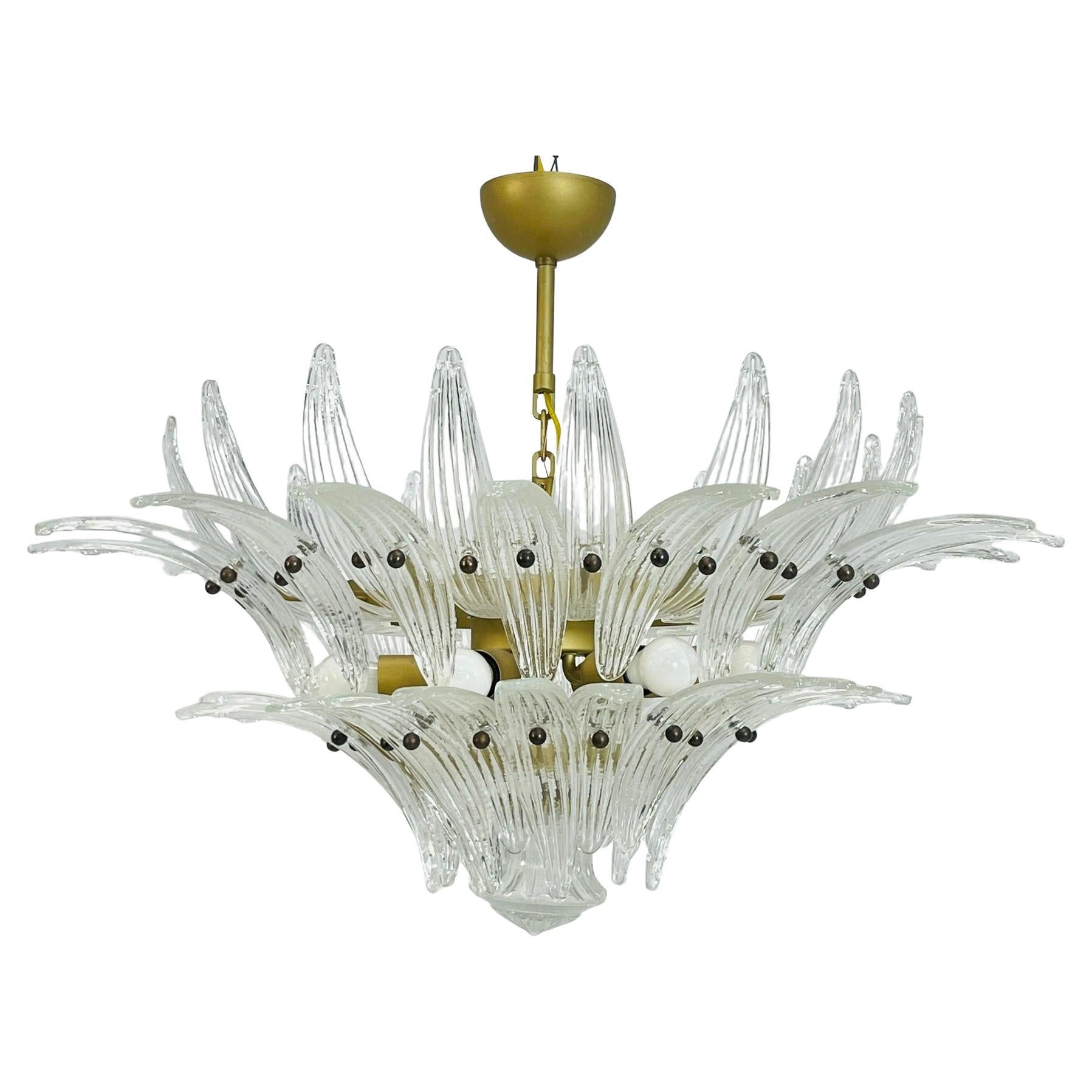 Italian Palmette Chandelier with Clear Murano Glass Leaves, 1990s