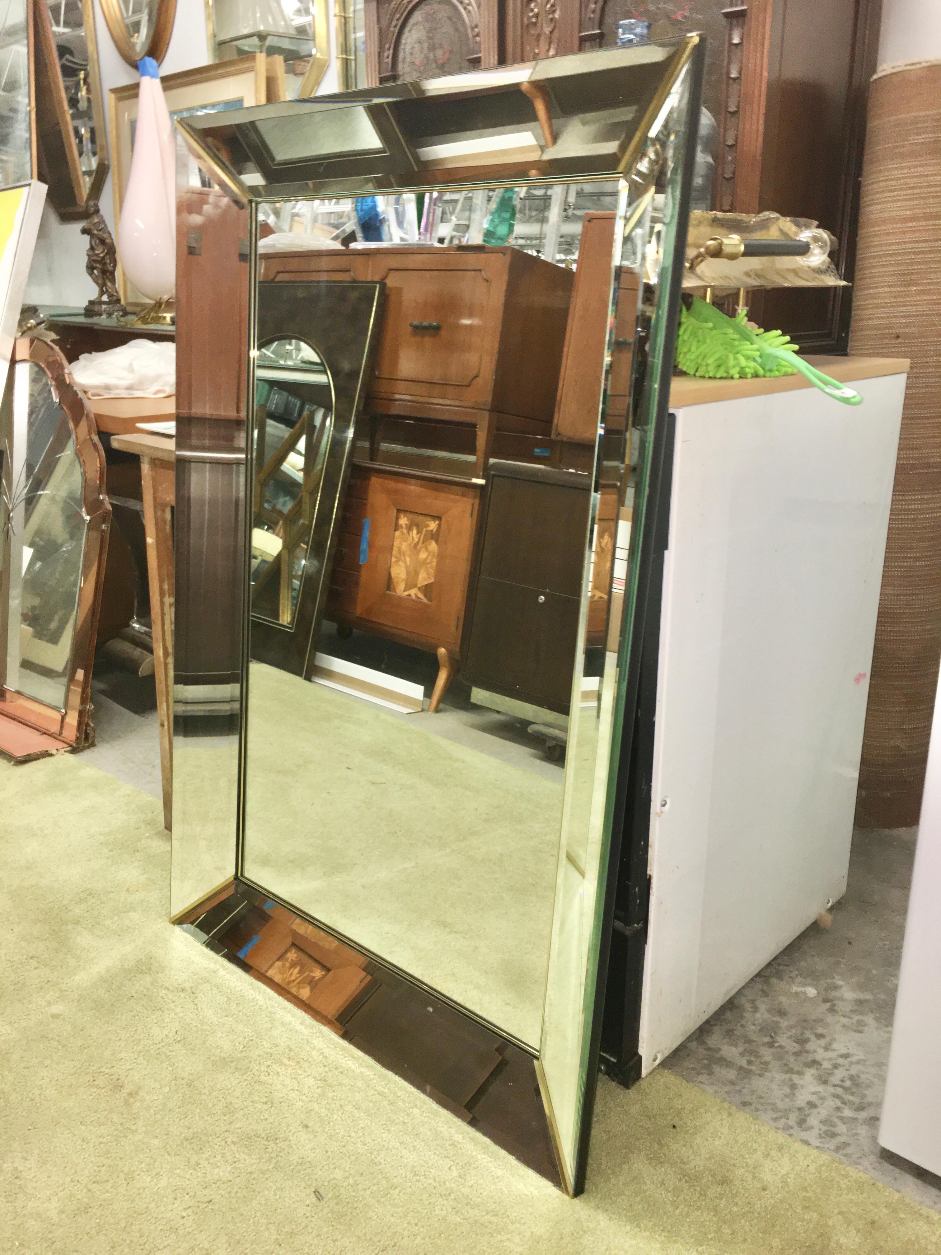 Brass Italian Panel Frame Rectangular Mirror Attributed to Crystal Art For Sale