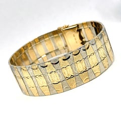 Italian 18 Karat White & Yellow Gold Panel Links Cuff Bracelet