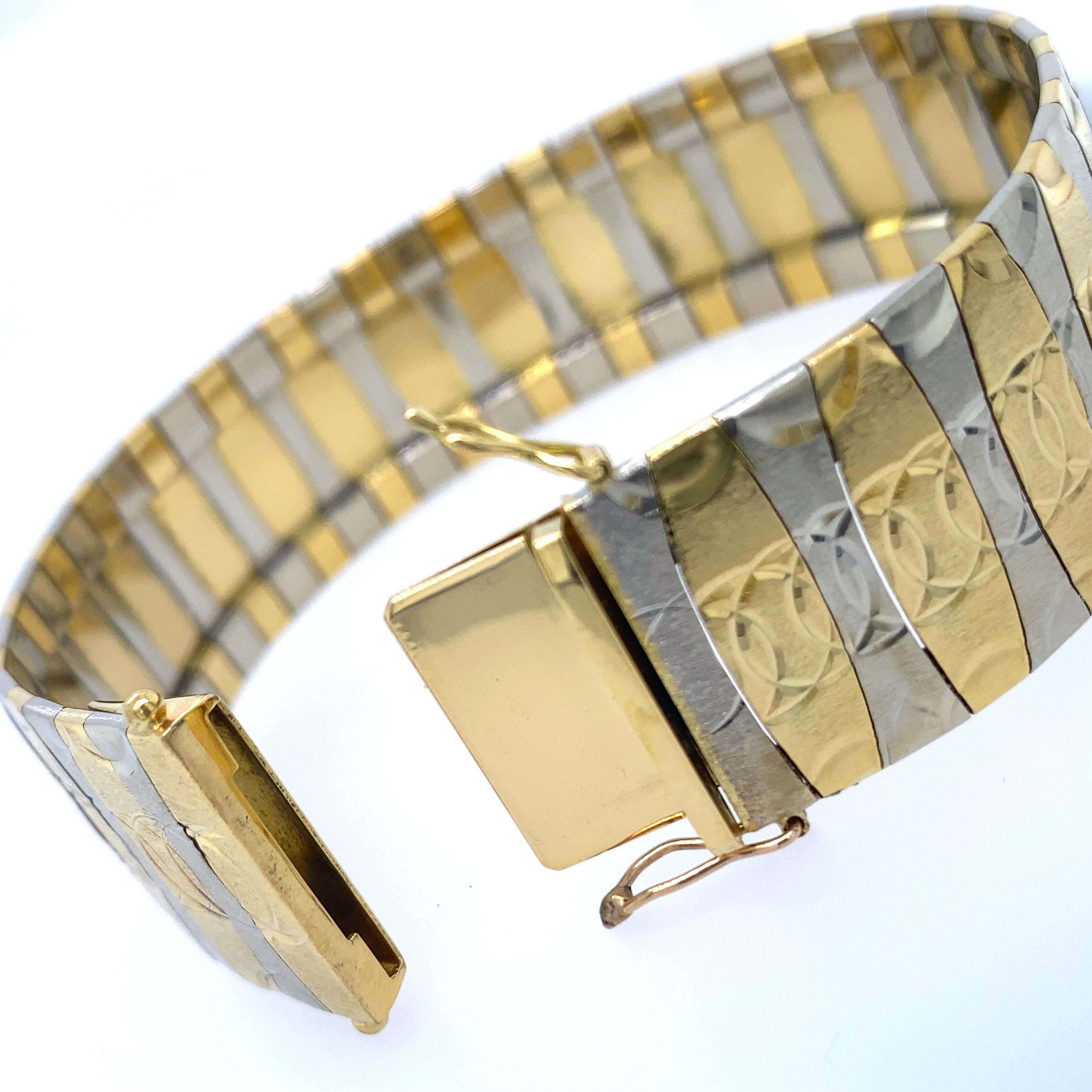 Contemporary Italian 18 Karat White & Yellow Gold Panel Links Cuff Bracelet For Sale