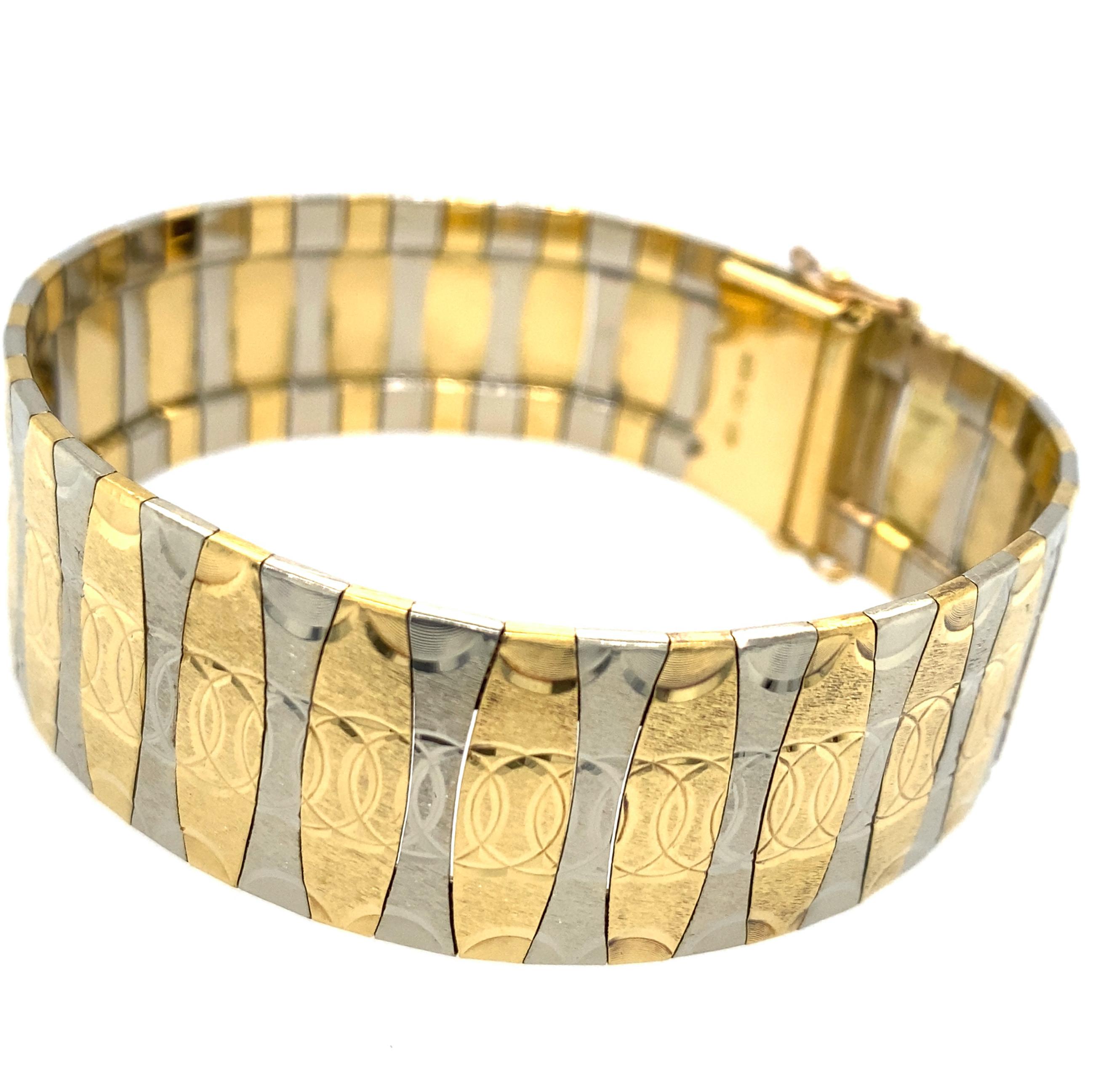 Italian 18 Karat White & Yellow Gold Panel Links Cuff Bracelet In Excellent Condition For Sale In Sherman Oaks, CA