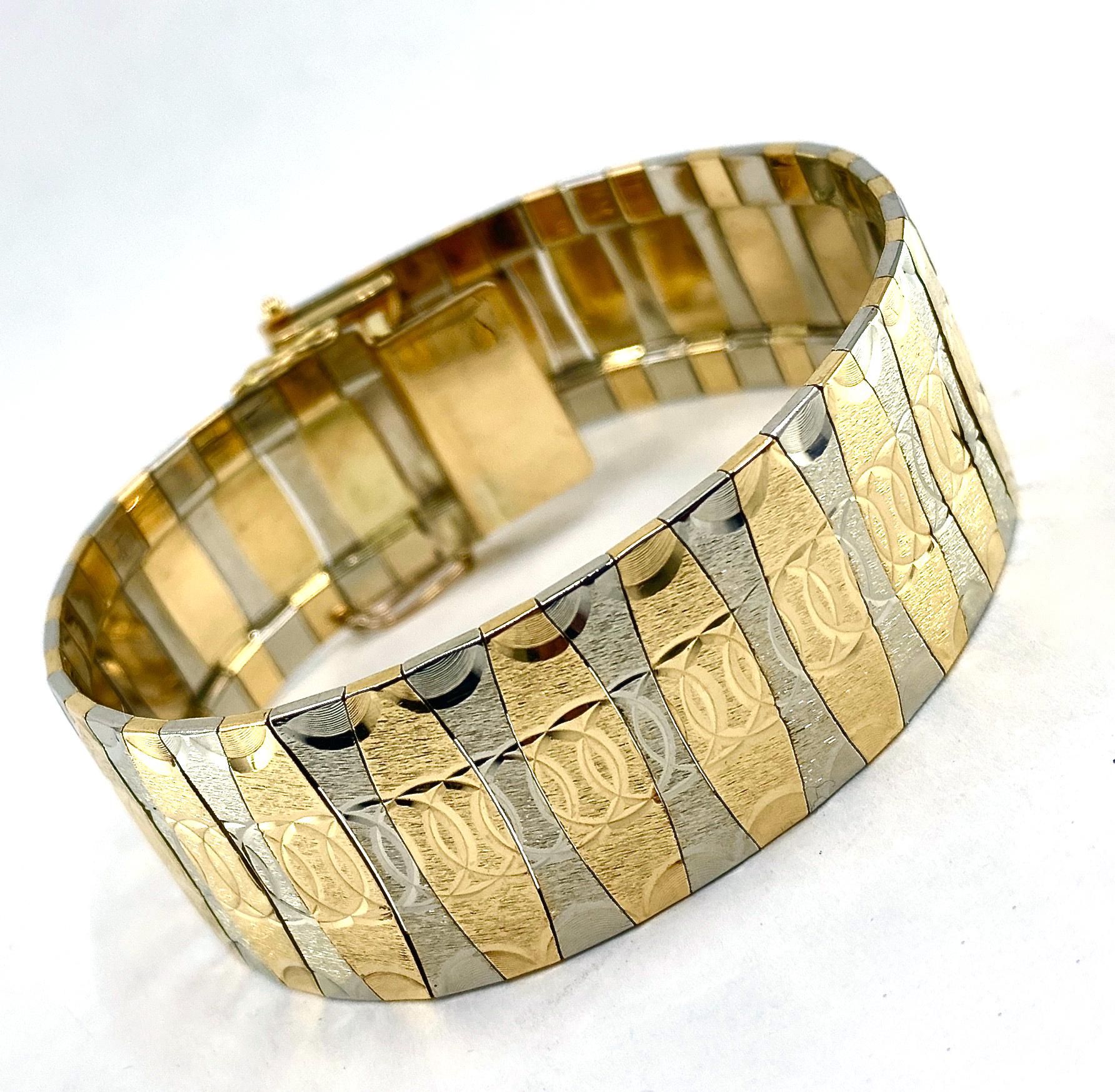 Women's or Men's Italian 18 Karat White & Yellow Gold Panel Links Cuff Bracelet For Sale