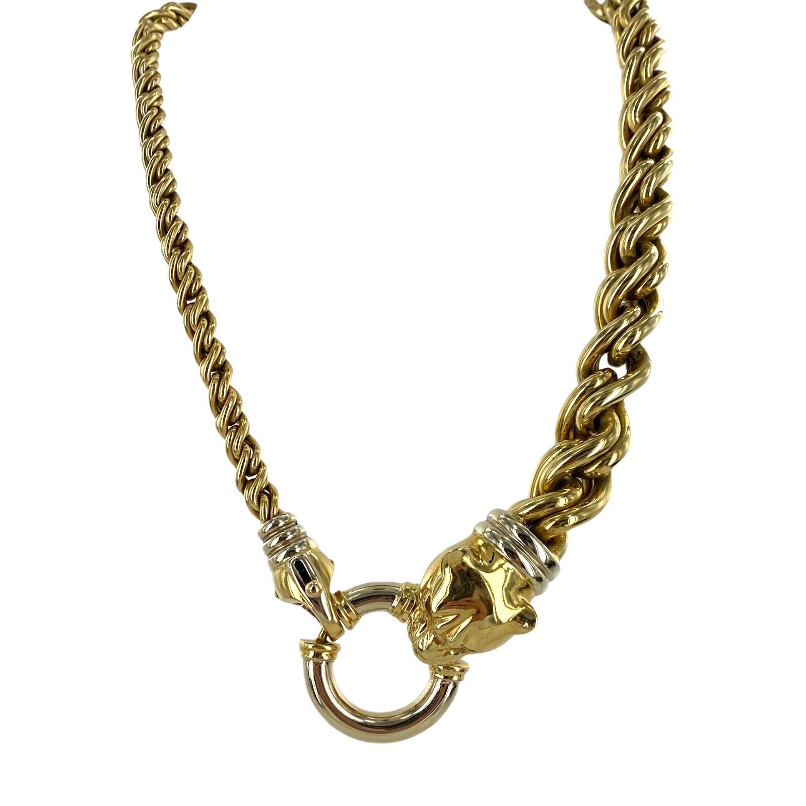 Modern Italian Panther Head Clasp 18 Karat Yellow Gold Graduated Link Estate Necklace