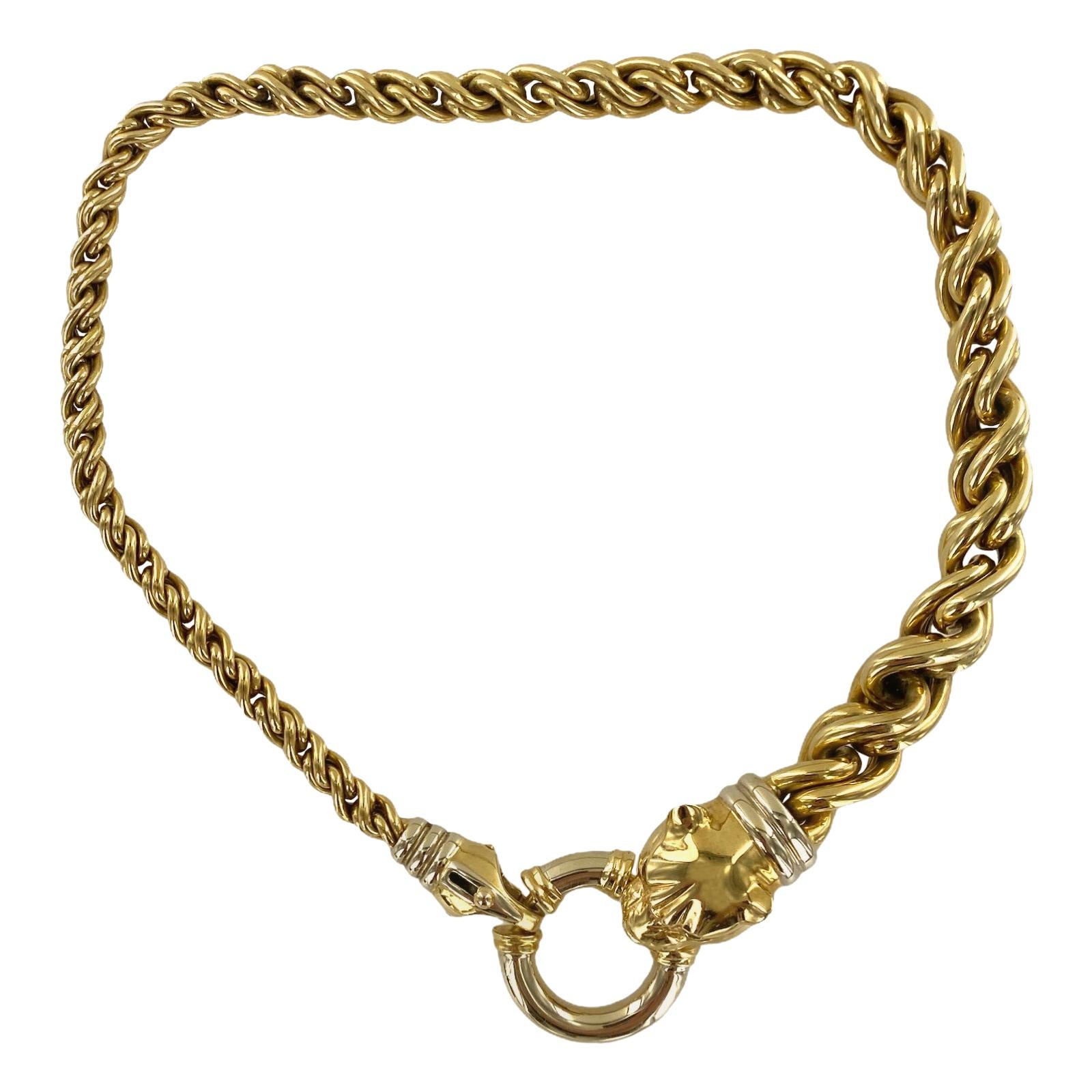 Italian Panther Head Clasp 18 Karat Yellow Gold Graduated Link Estate Necklace