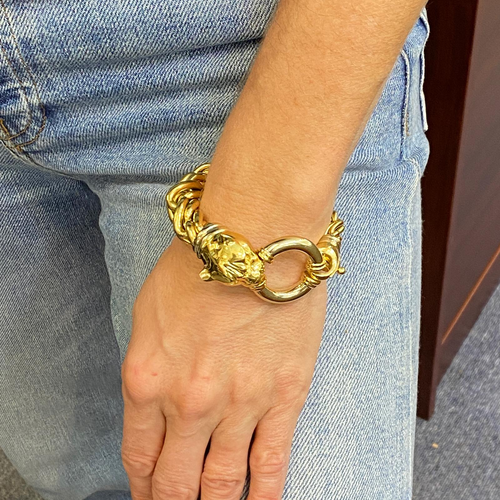 Modern Italian Panther Head Clasp 18 Karat Yellow Gold Twisted Link Estate Bracelet