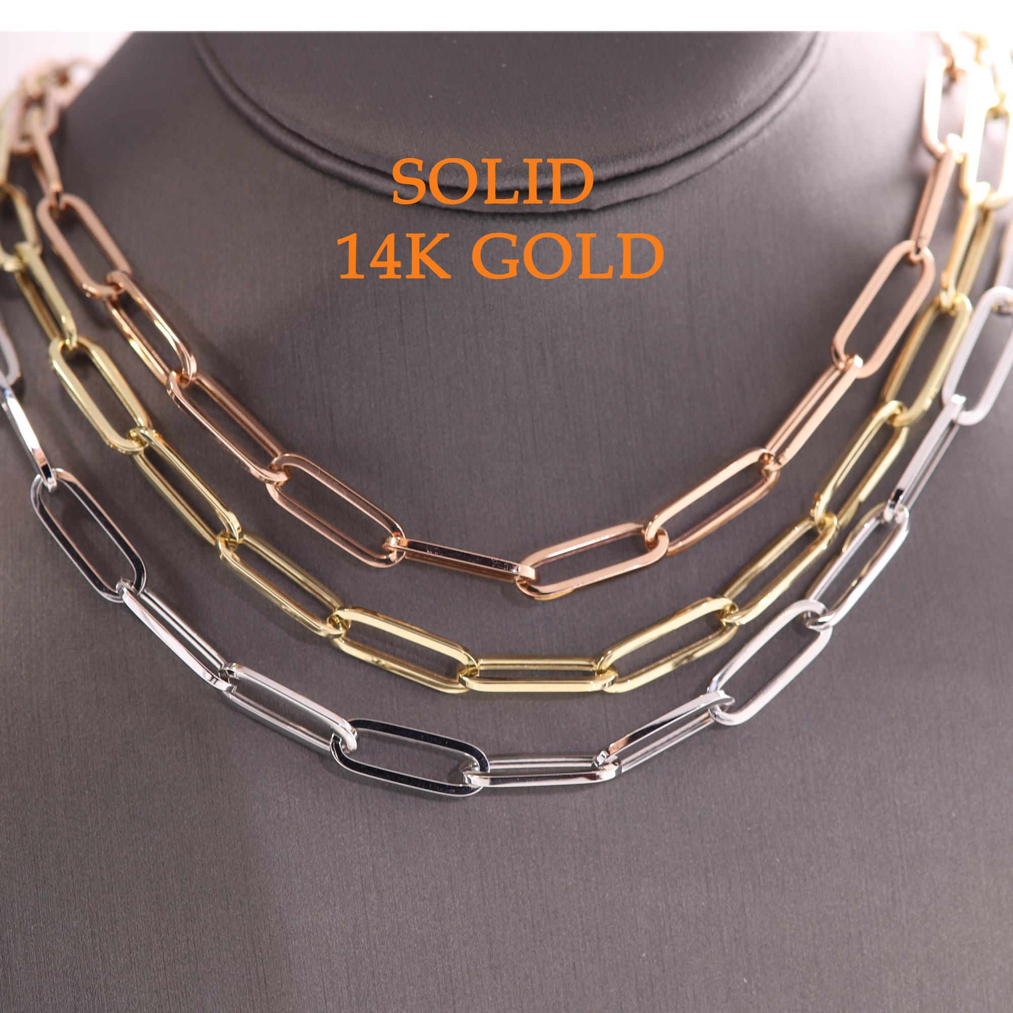 Women's Italian Paper Clip Gold Chain Necklace Link Chain 14 Karat Gold 18' Inch Long For Sale