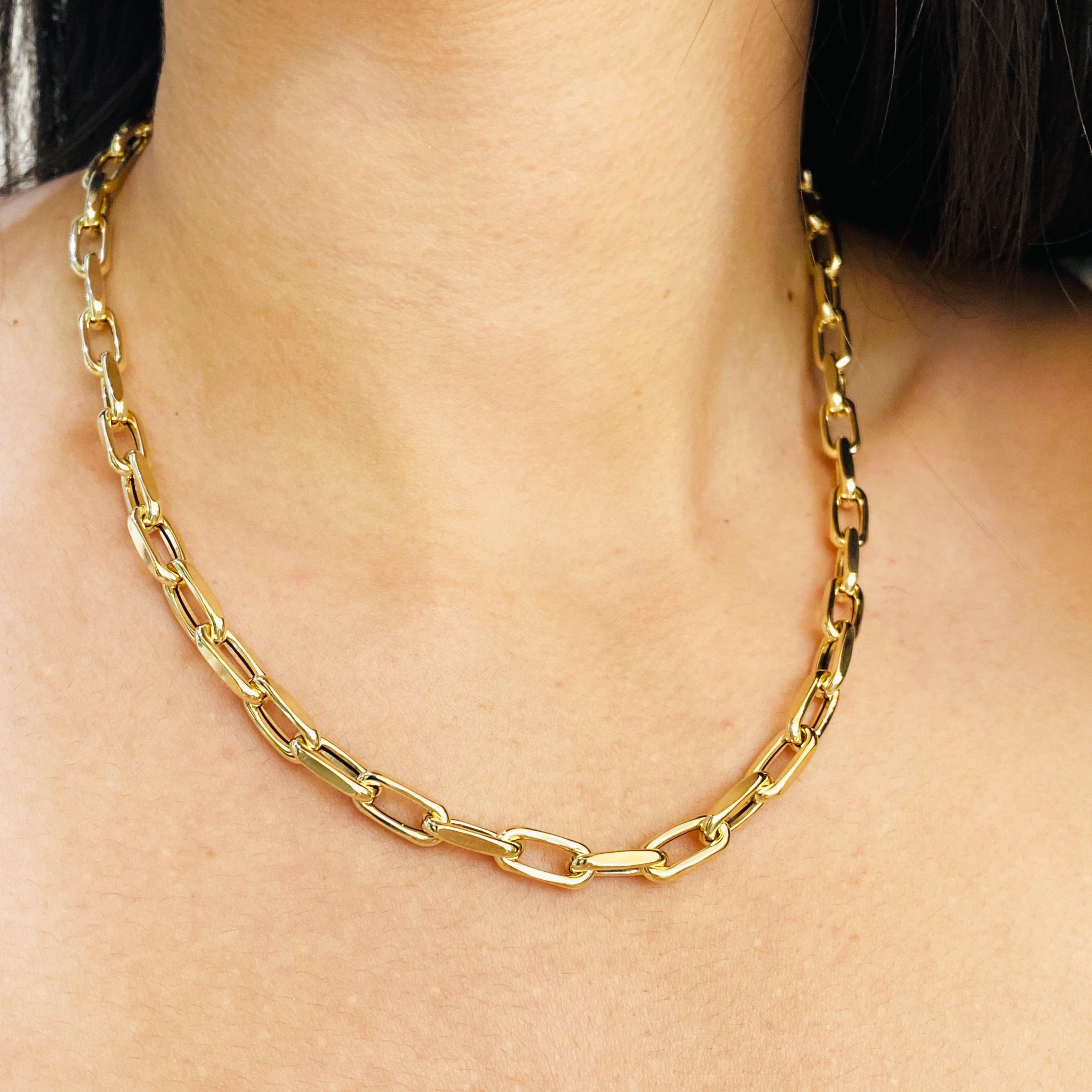 This fantastic 6 millimeter (mm) wide paperclip medium link chain was made for us in Italy with recycled 14 karat gold and finished beautifully to the high standards Italian jewelry is known for! This wonderful statement chain is made affordable by