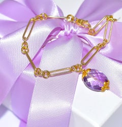 Italian Paperclip Chain Bracelet 14K Solid Yellow Gold, Natural Amethyst