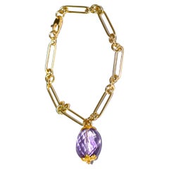 Italian Paperclip Chain Bracelet 14K Solid Yellow Gold, Natural Amethyst