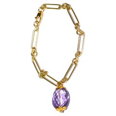 Italian Paperclip Chain Bracelet 14K Solid Yellow Gold, Natural Amethyst 