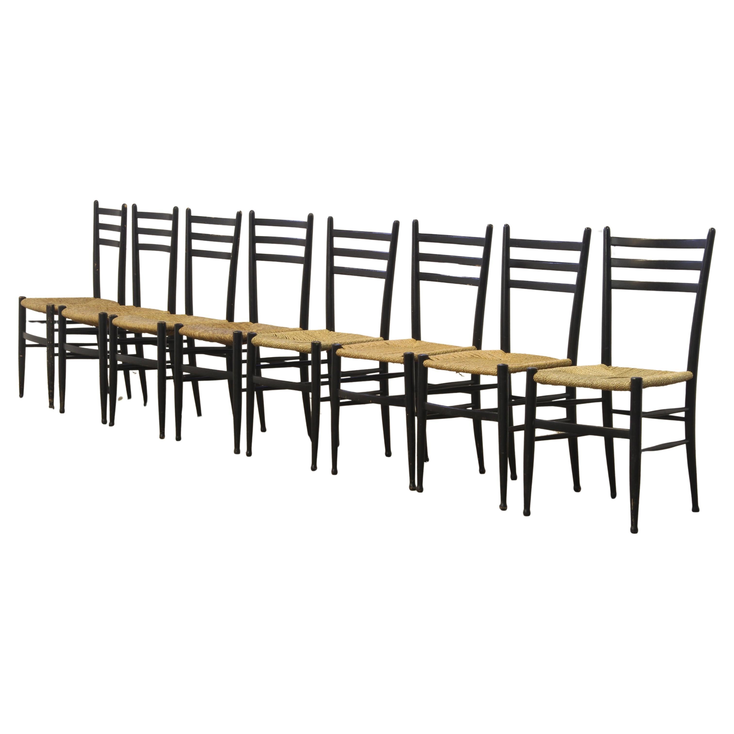 Italian Papercord Dining Chairs, woven seat 1950s, Set of 8