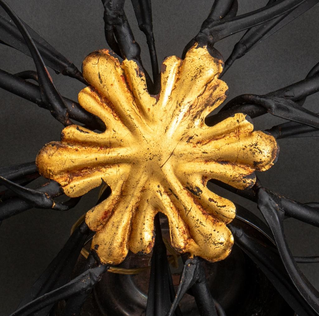 Italian Parcel Gilded Patinated Metal Eight Light Pendant Chandelier, in the form of gathered lilies with eight lights within the lily blossoms. 24