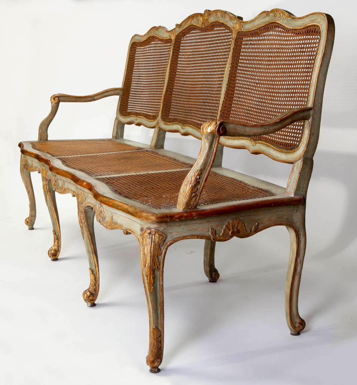 Baroque Italian Parcel-Gilt and Painted Canape or Sofa, 18th Century For Sale