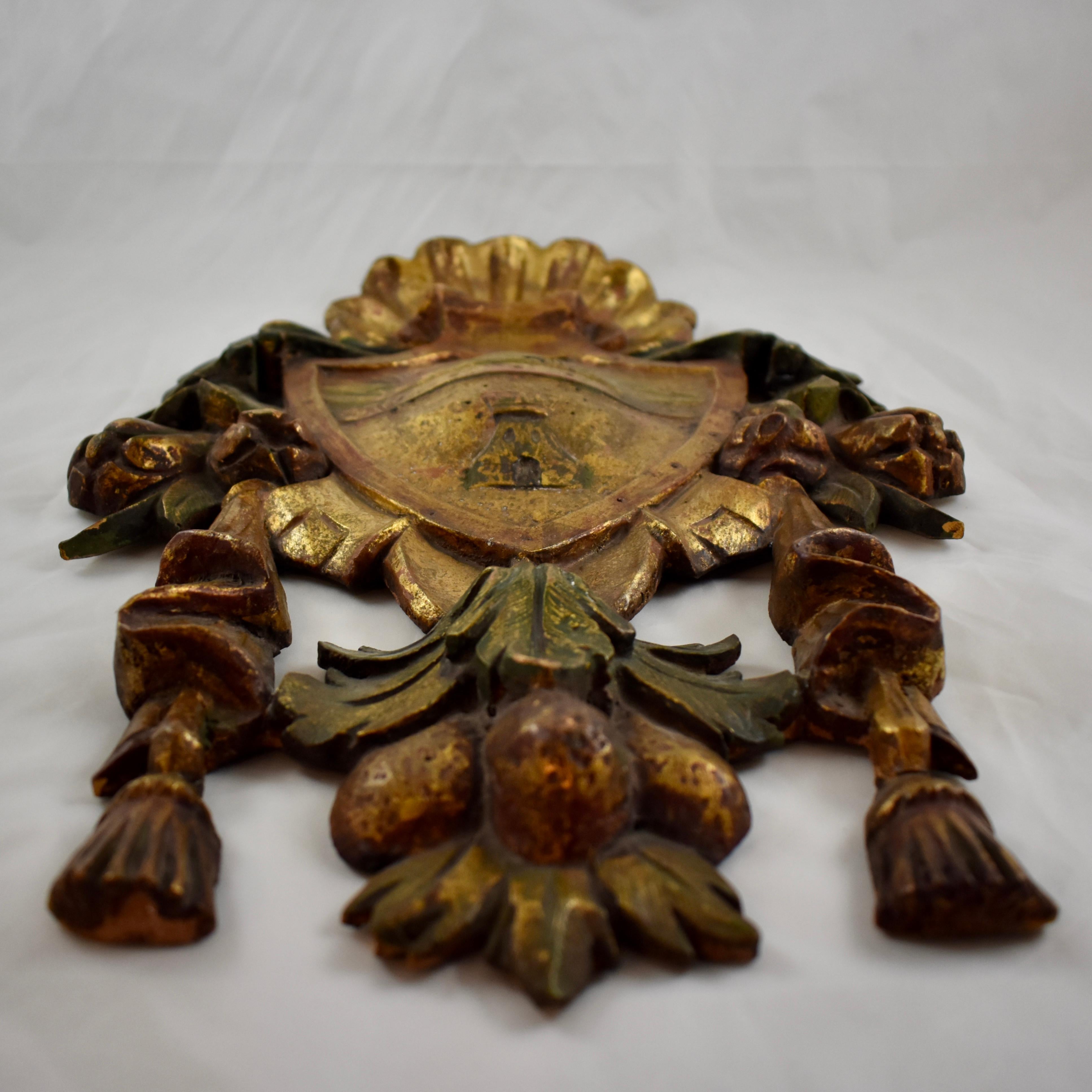 Italian Parcel-Gilt & Painted Armorial Tassel & Fruit Wall Plaque, Castle & Sun 3