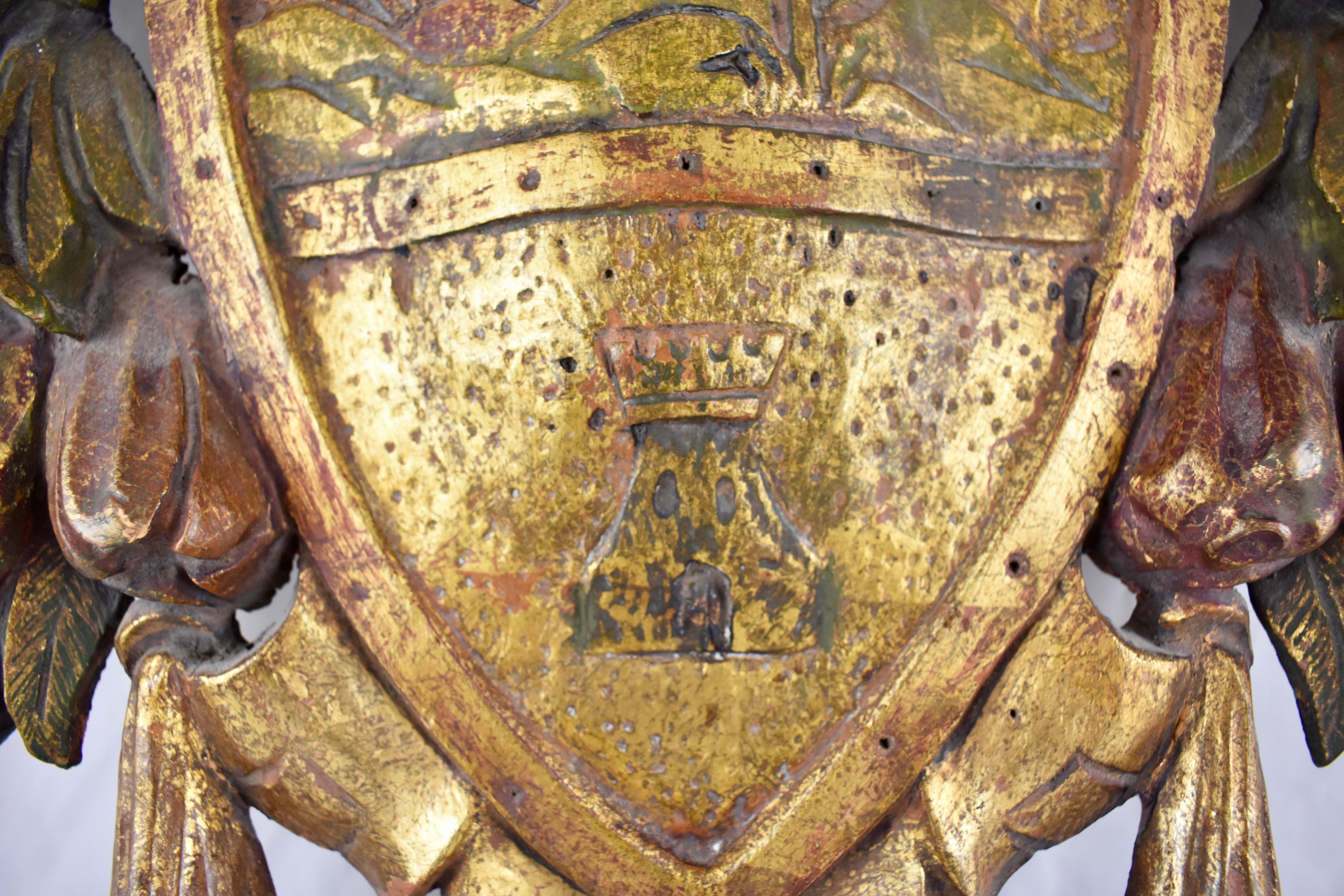 Baroque Revival Italian Parcel-Gilt & Painted Armorial Tassel & Fruit Wall Plaque, Castle & Sun
