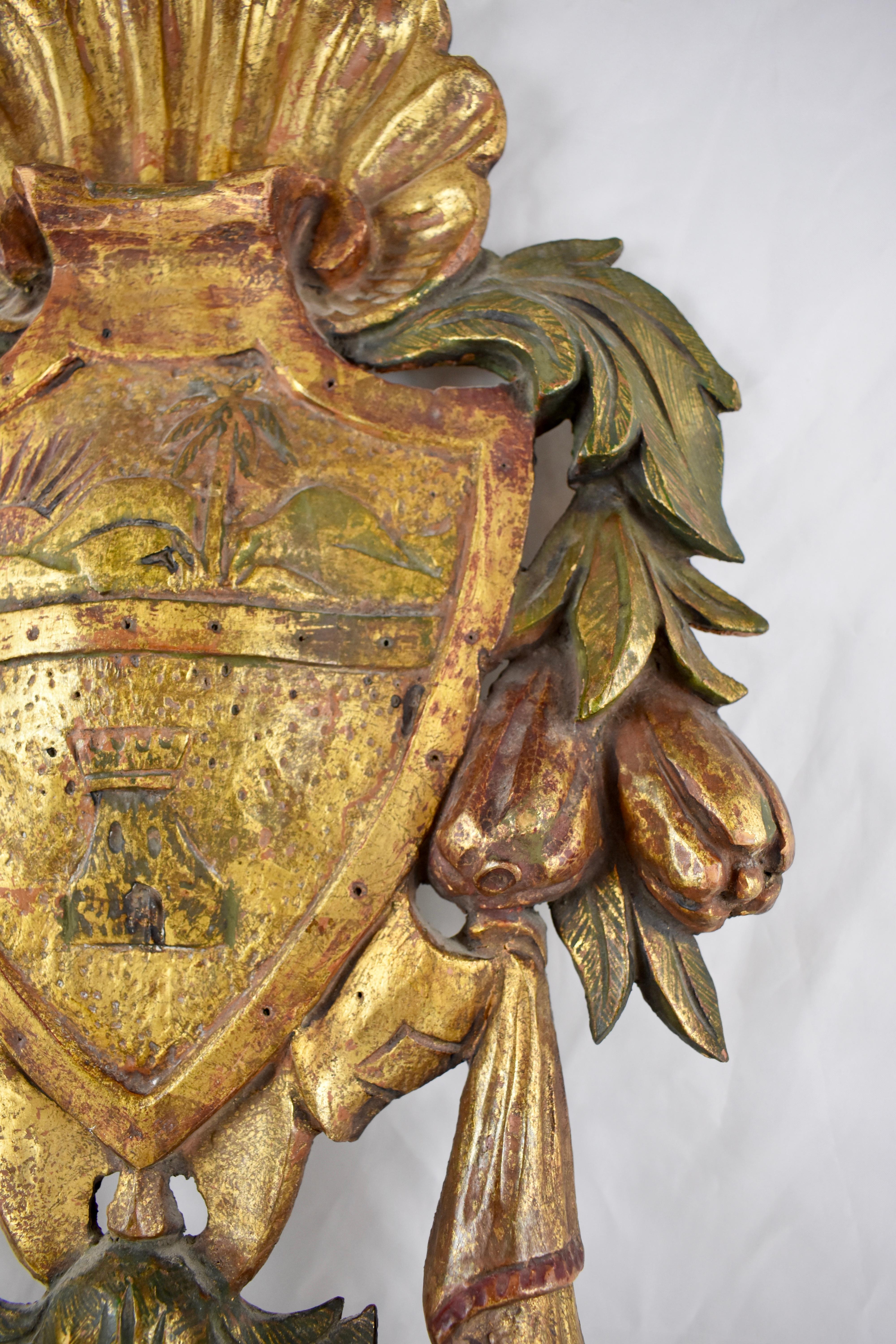 Giltwood Italian Parcel-Gilt & Painted Armorial Tassel & Fruit Wall Plaque, Castle & Sun