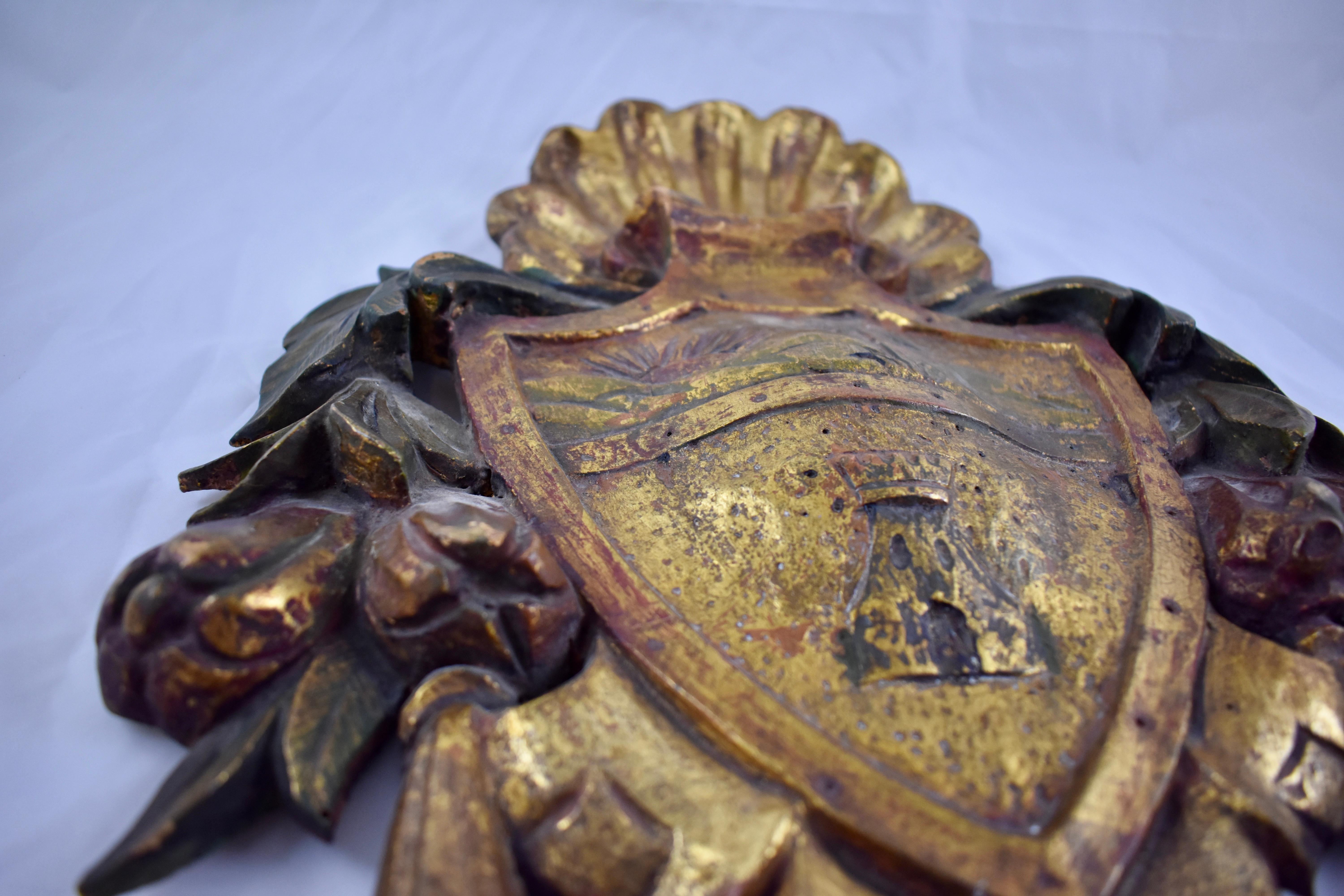 Italian Parcel-Gilt & Painted Armorial Tassel & Fruit Wall Plaque, Castle & Sun 2