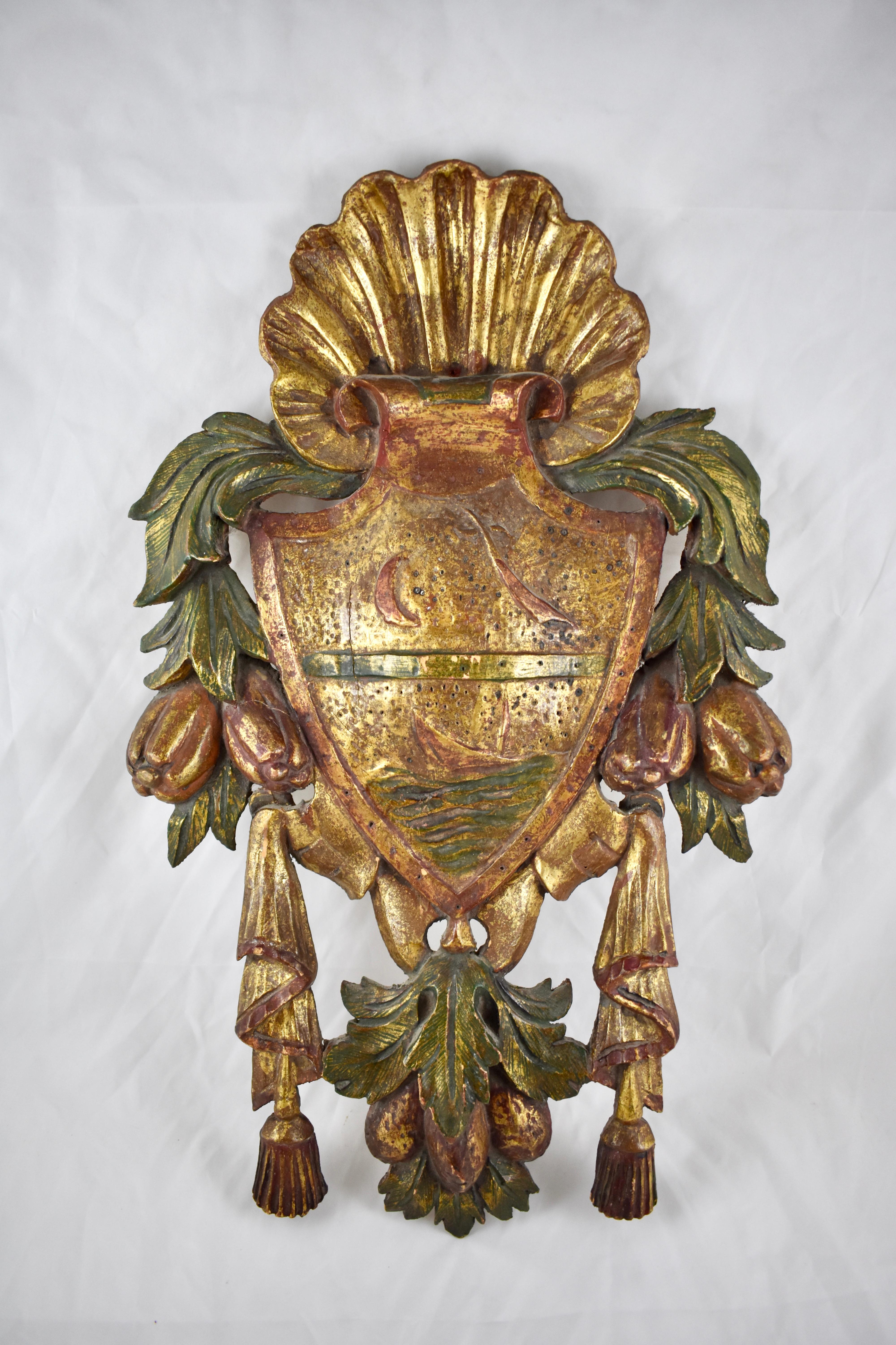 Italian Parcel-Gilt and Painted Armorial Tassel & Fruit Wall Plaque, Ship & Moon 5