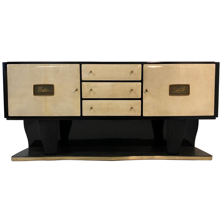 Italian Parchment Marble and Bronzes Sideboard, Attributed to Osvaldo Borsani For Sale