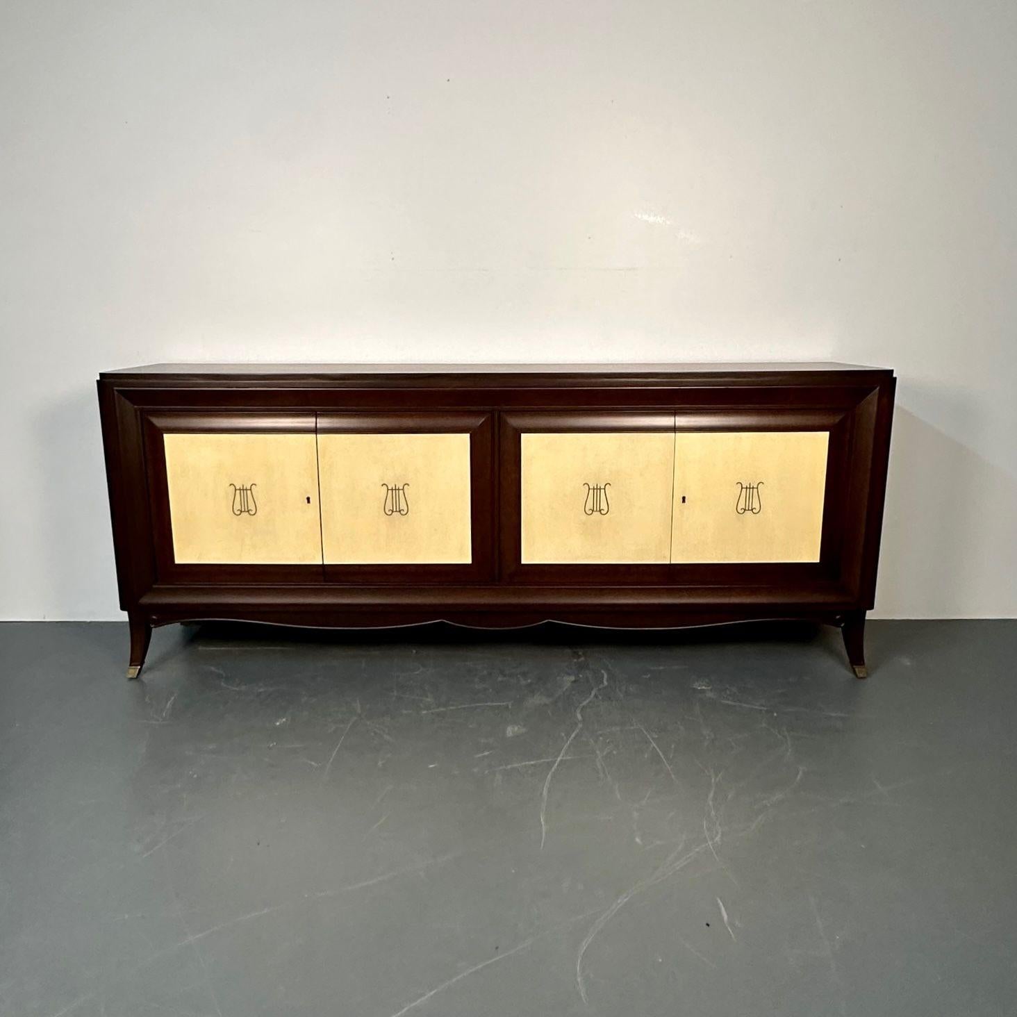 Italian Midcentury Sideboard / Credenza / Cabinet, Parchment, Mahogany, 1950s In Good Condition For Sale In Stamford, CT
