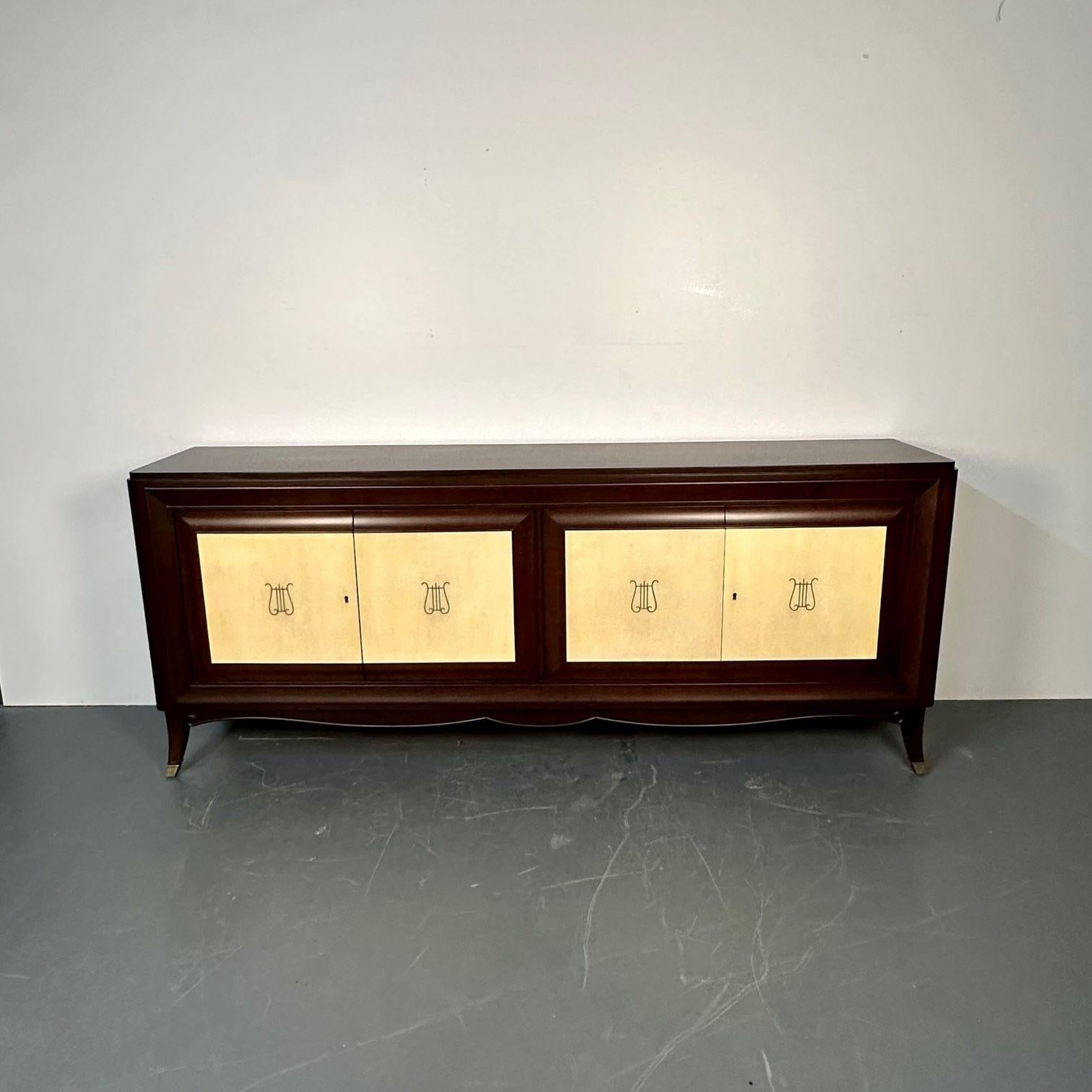20th Century Italian Midcentury Sideboard / Credenza / Cabinet, Parchment, Mahogany, 1950s For Sale