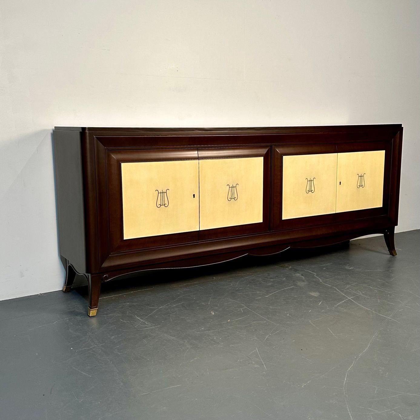 Italian Midcentury Sideboard / Credenza / Cabinet, Parchment, Mahogany, 1950s For Sale 1