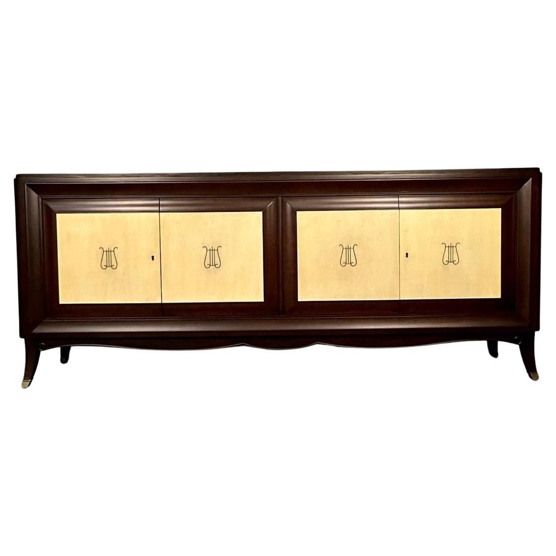Italian Midcentury Sideboard / Credenza / Cabinet, Parchment, Mahogany, 1950s For Sale