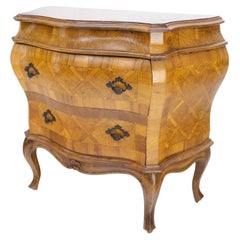 Italian Parquet Burl Wood Bombe Style Compact Entry Chest of Drawers Dresser