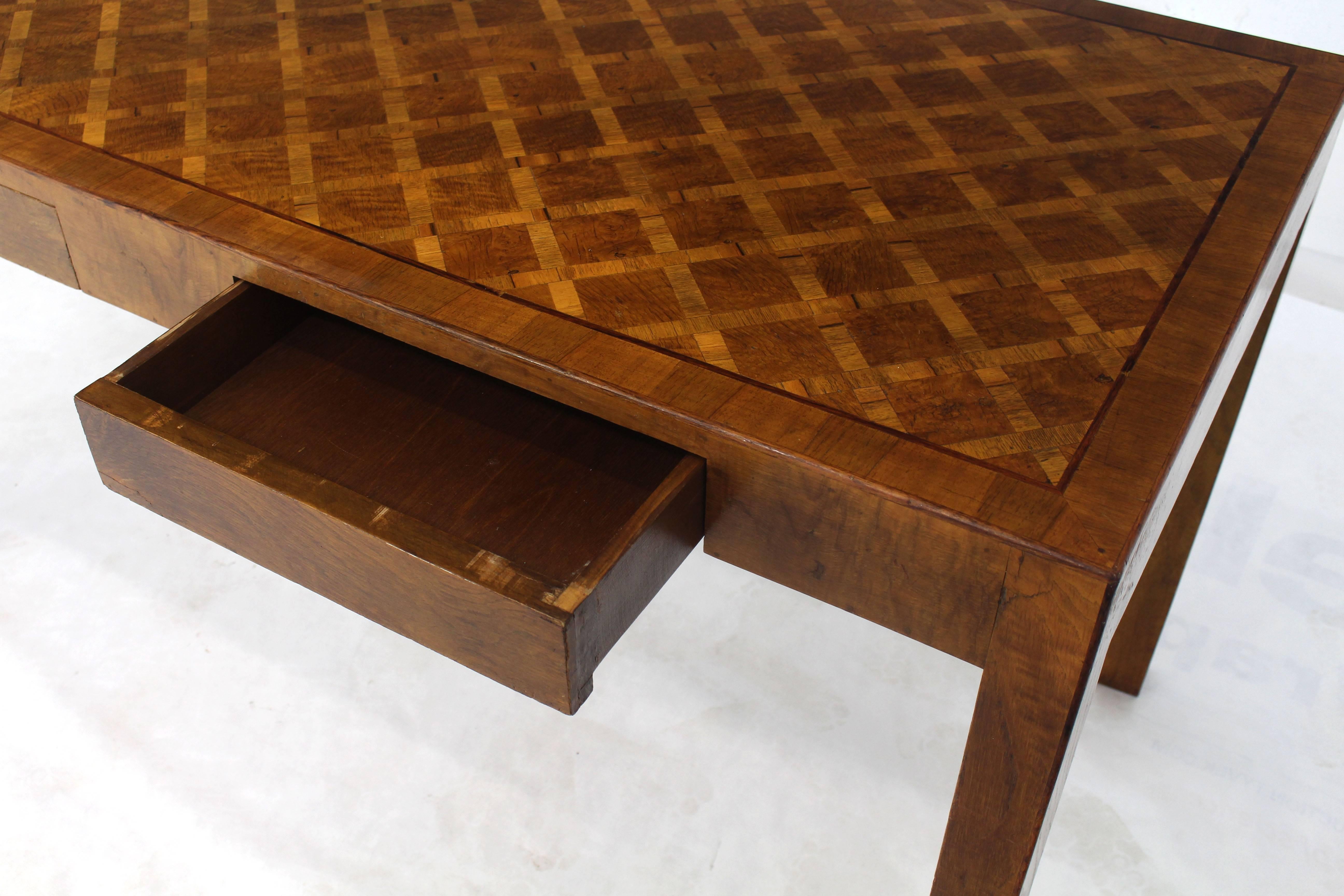 Italian Parquet Marquetry Burl Walnut Top Parsons Desk Writing Table Two Drawers In Good Condition In Rockaway, NJ