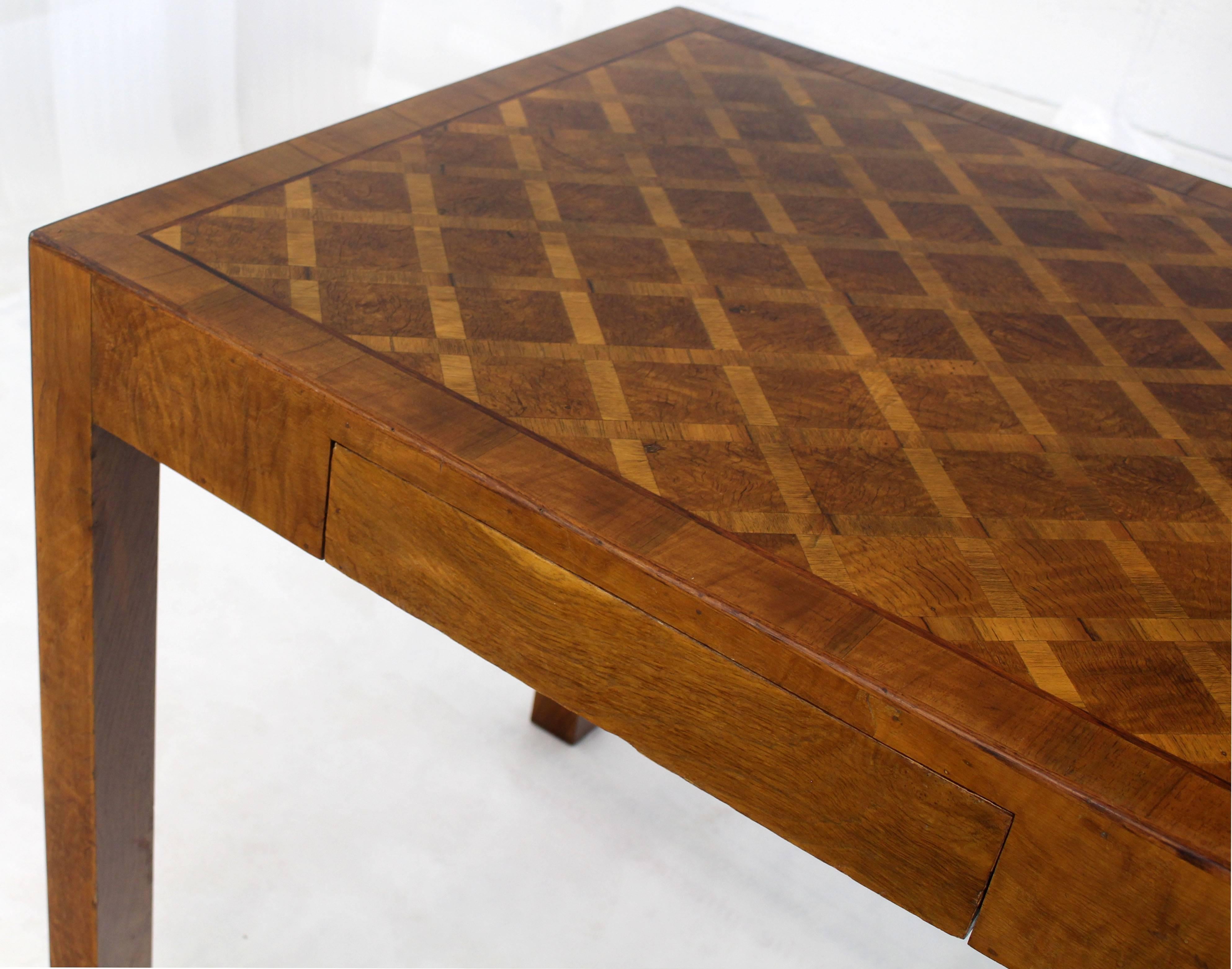 20th Century Italian Parquet Marquetry Burl Walnut Top Parsons Desk Writing Table Two Drawers