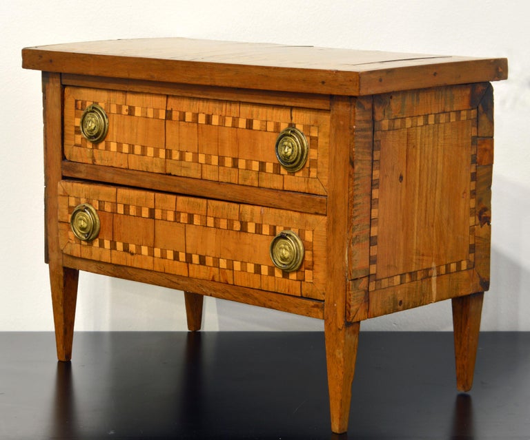 19th Century Italian Parquetry Louis XVI Style Two-Drawer Miniature Commode For Sale