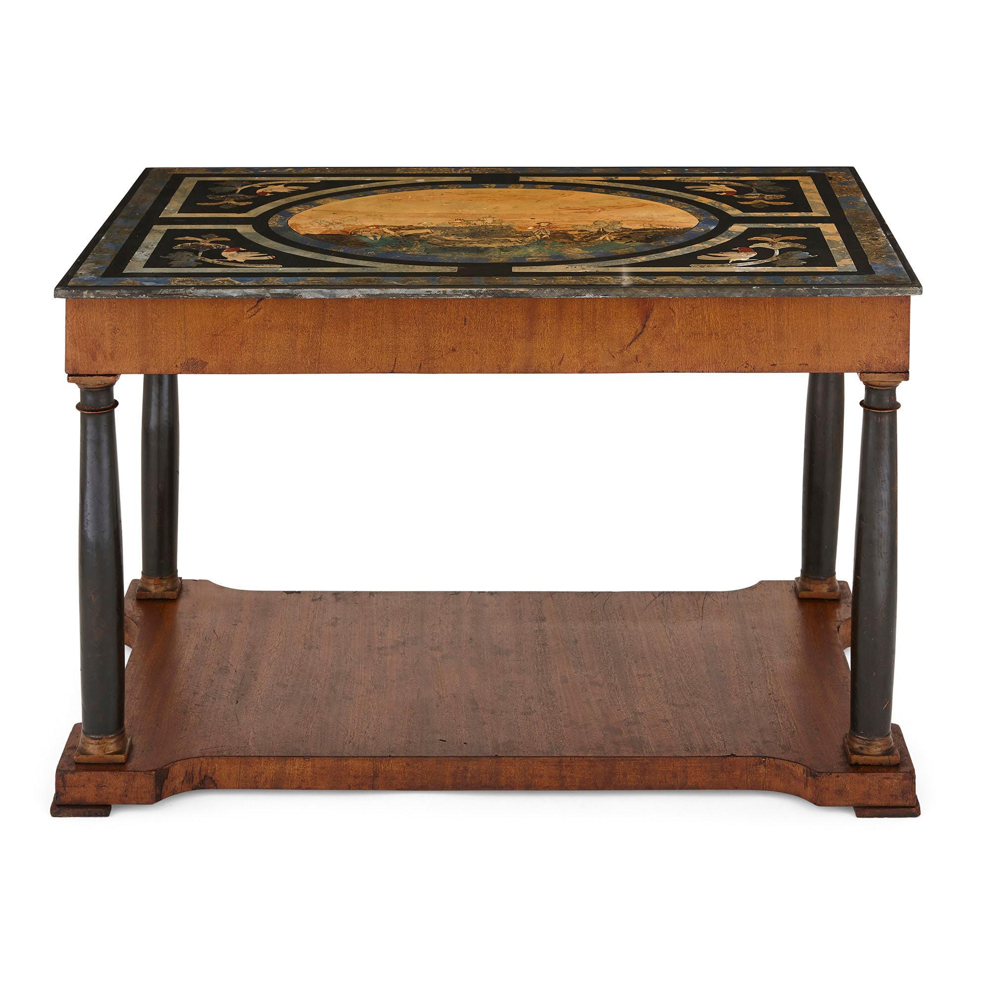 Cette table basse est un magnifique meuble italien, avec un plateau en scagliola. La scagliola est un matériau constitué d'une combinaison de plâtre, de pigments et de colle. Il est poli à la main pour obtenir une surface brillante et dure qui