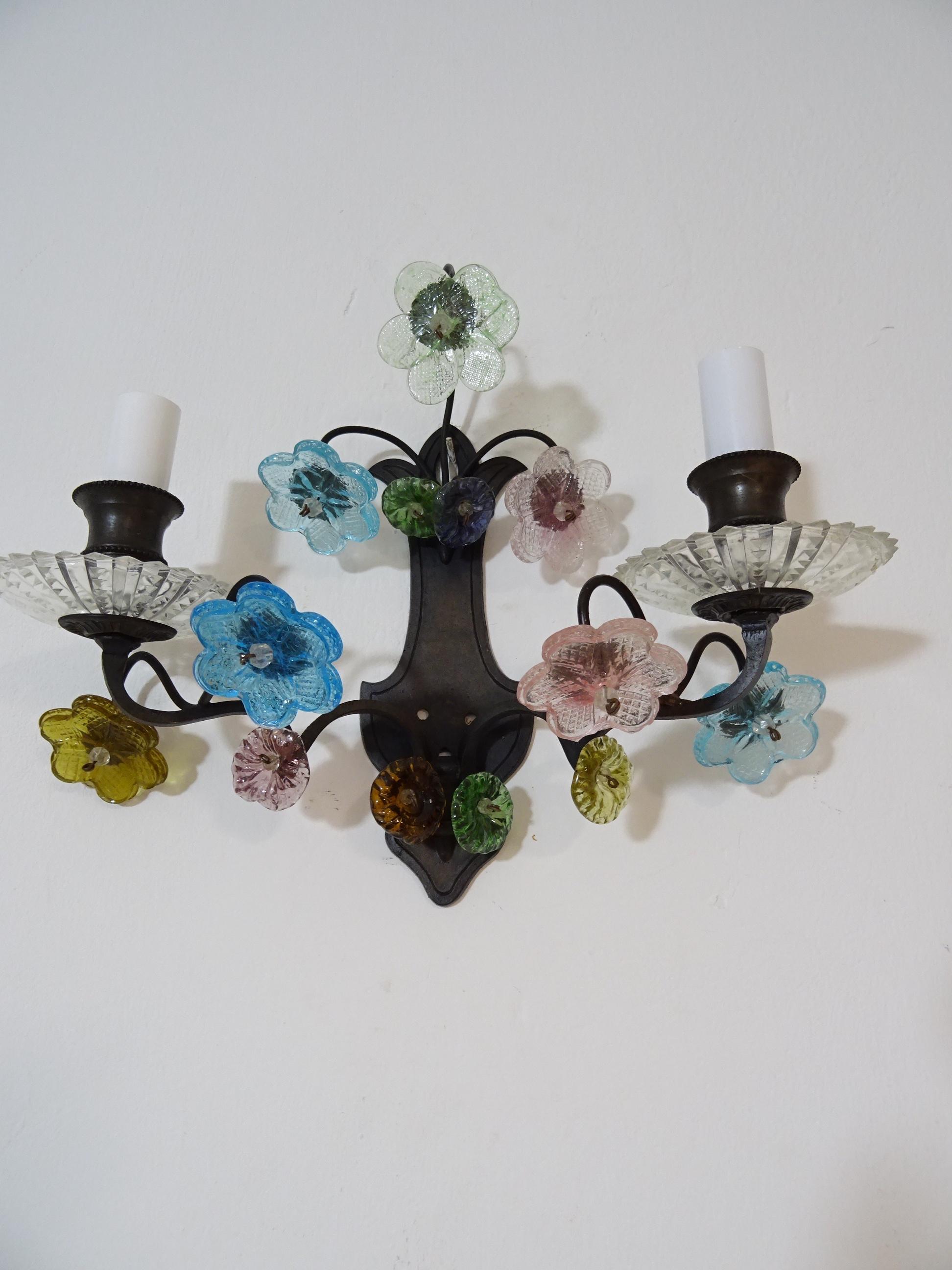 Crystal Italian Pastel Murano Glass Flowers Sconces, circa 1940 For Sale