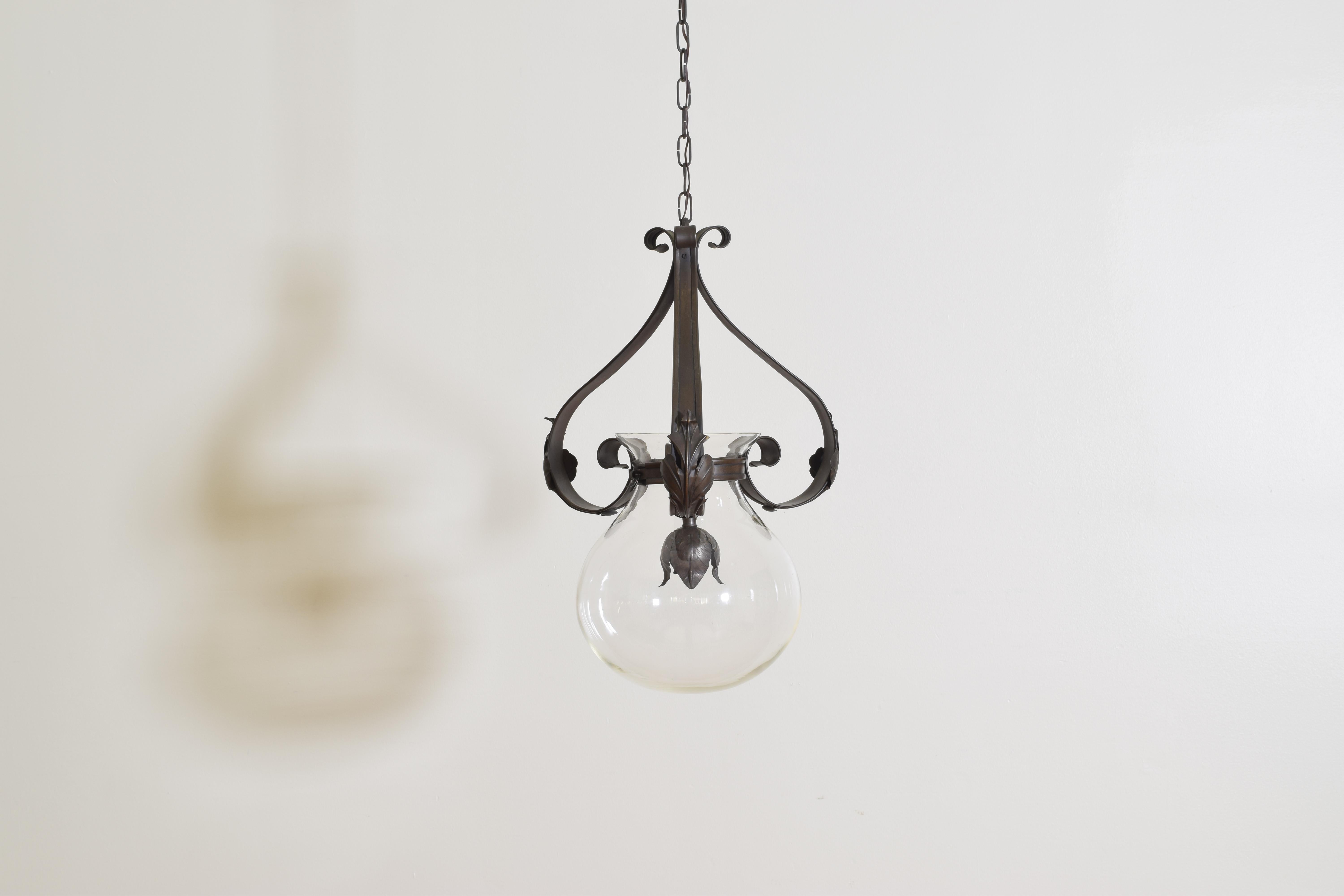 Baroque Italian Patinated Brass and Glass Hanging Pendant Light, Early 20th Century