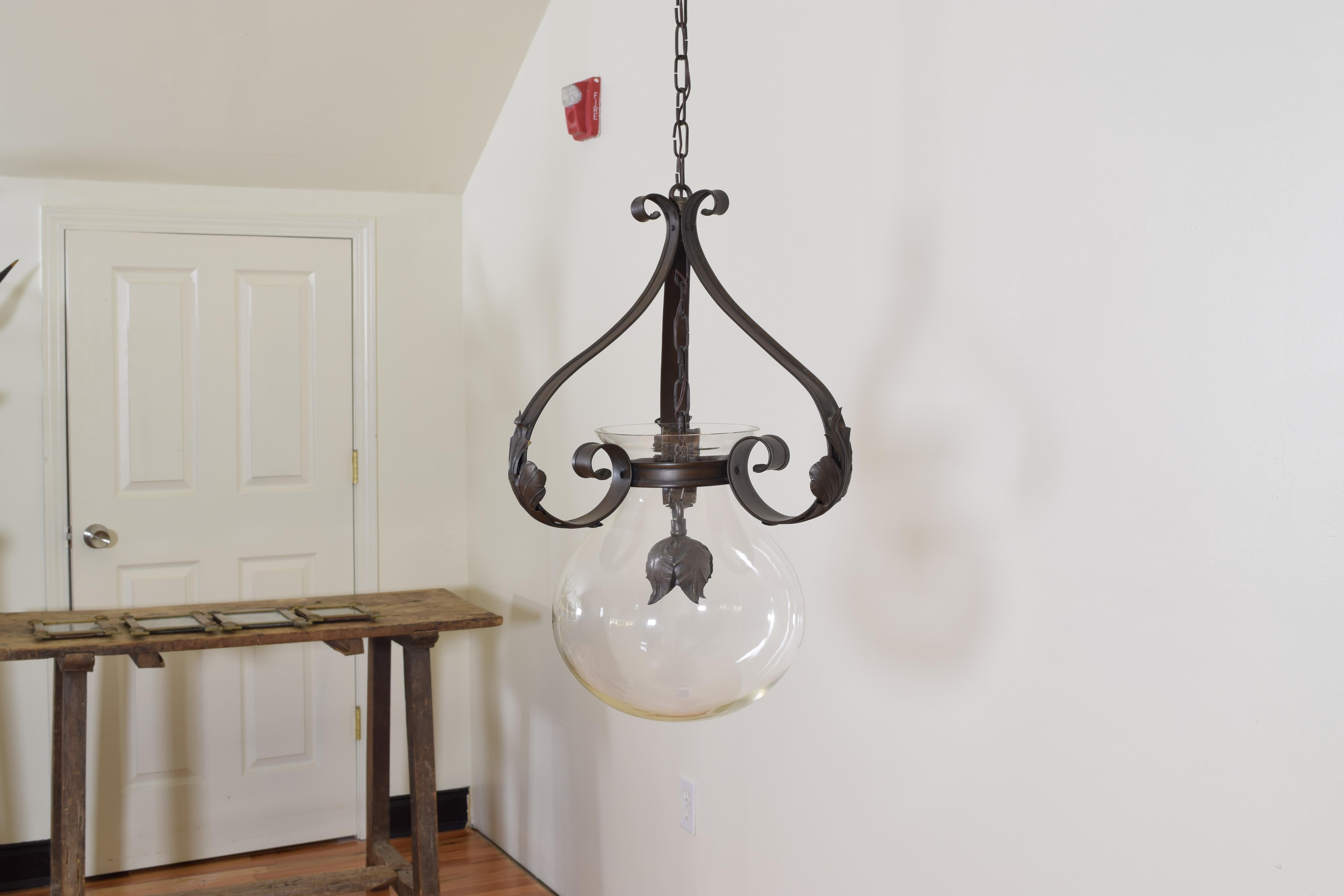 Italian Patinated Brass and Glass Hanging Pendant Light, Early 20th Century In Excellent Condition In Atlanta, GA