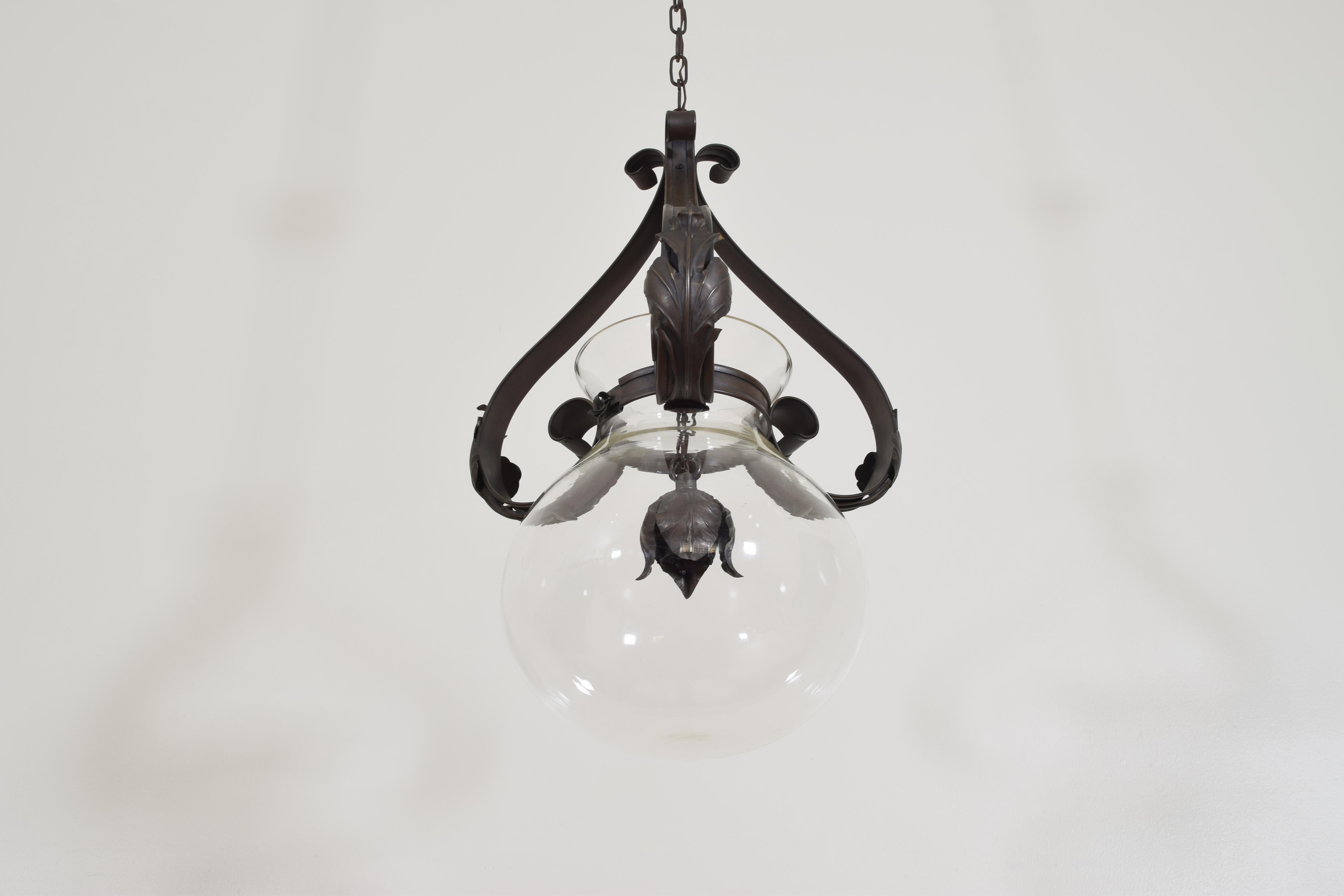 Italian Patinated Brass and Glass Hanging Pendant Light, Early 20th Century 1