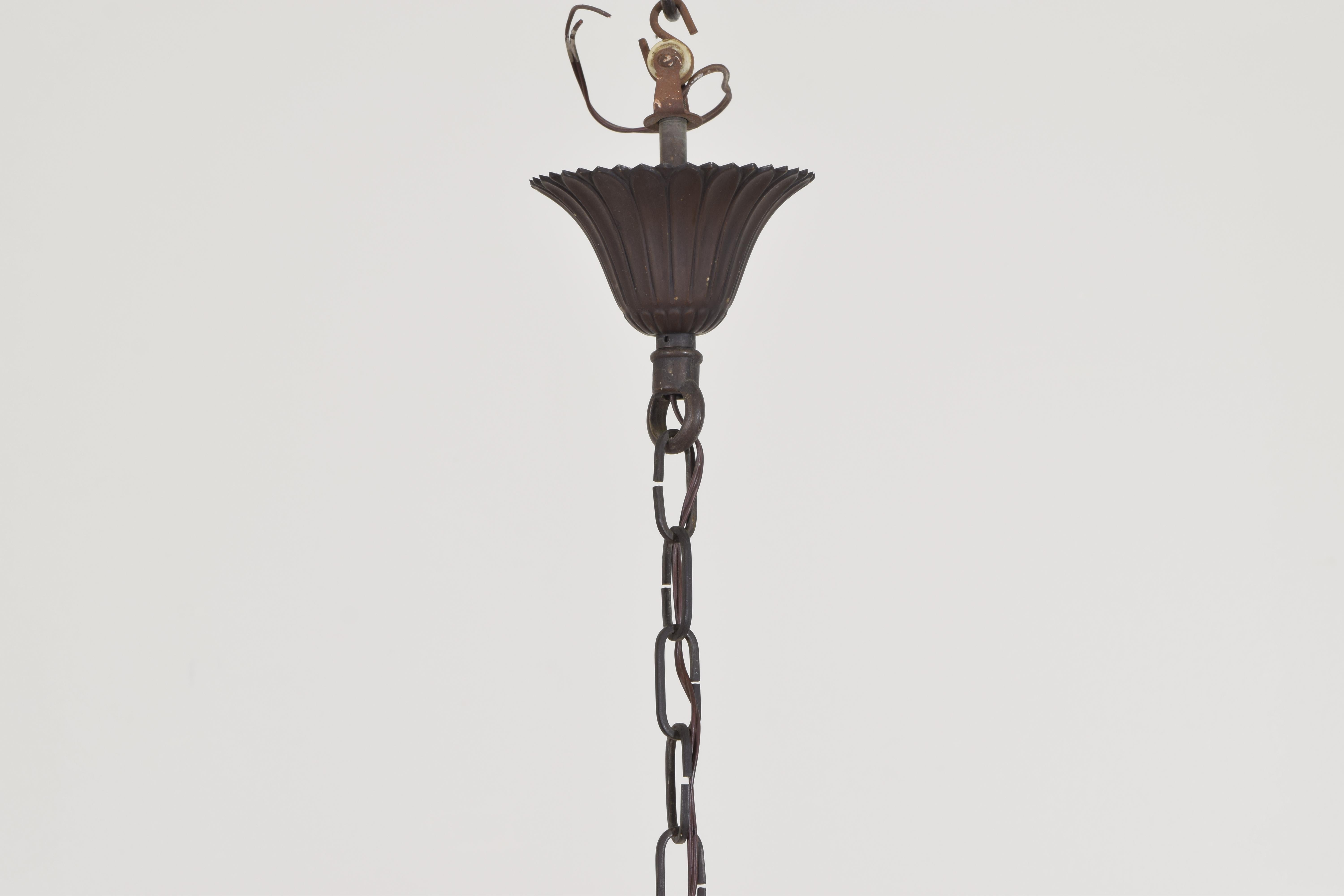 Italian Patinated Brass and Glass Hanging Pendant Light, Early 20th Century 2