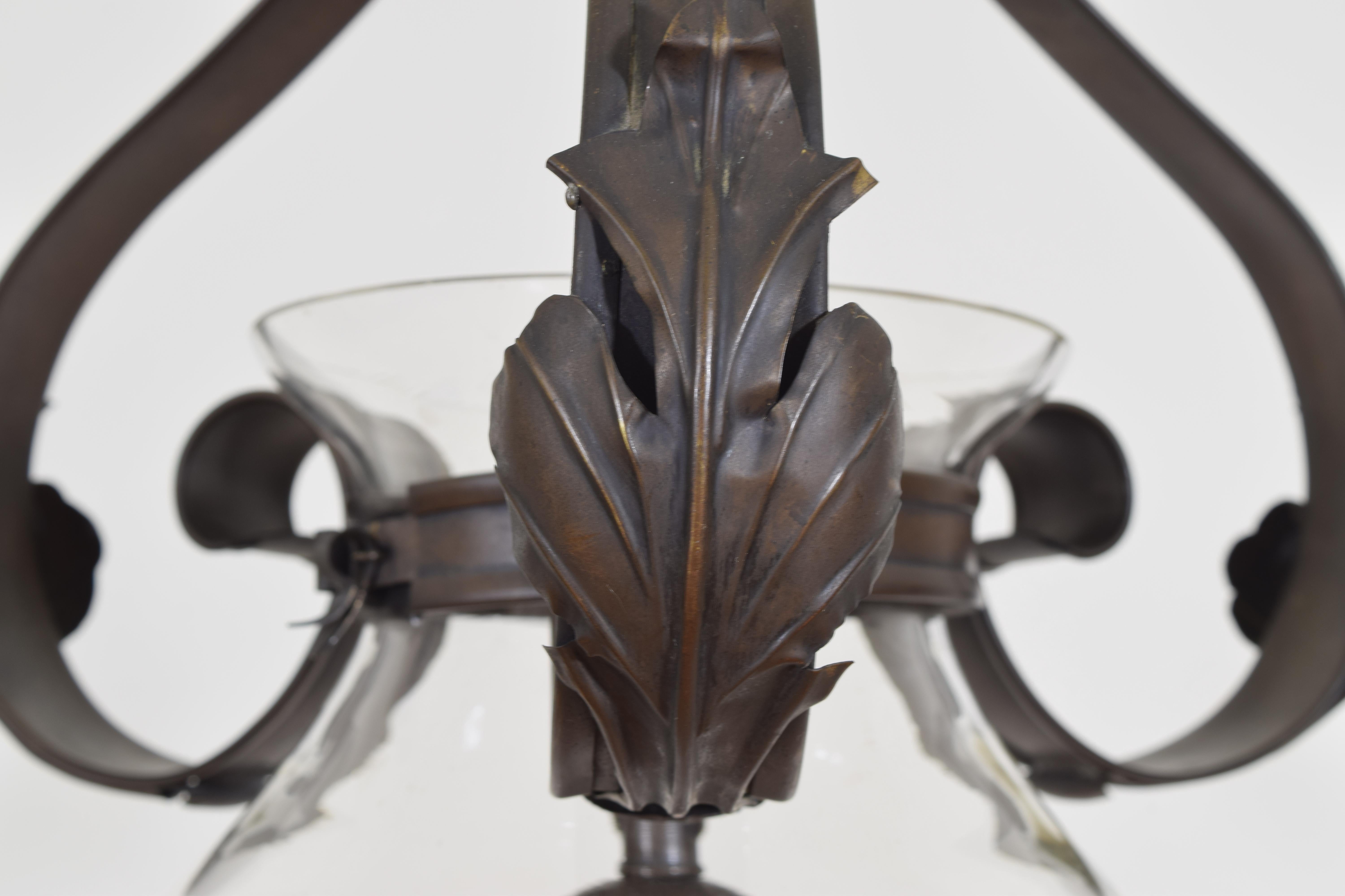 Italian Patinated Brass and Glass Hanging Pendant Light, Early 20th Century 5