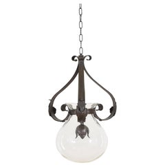 Italian Patinated Brass and Glass Hanging Pendant Light, Early 20th Century