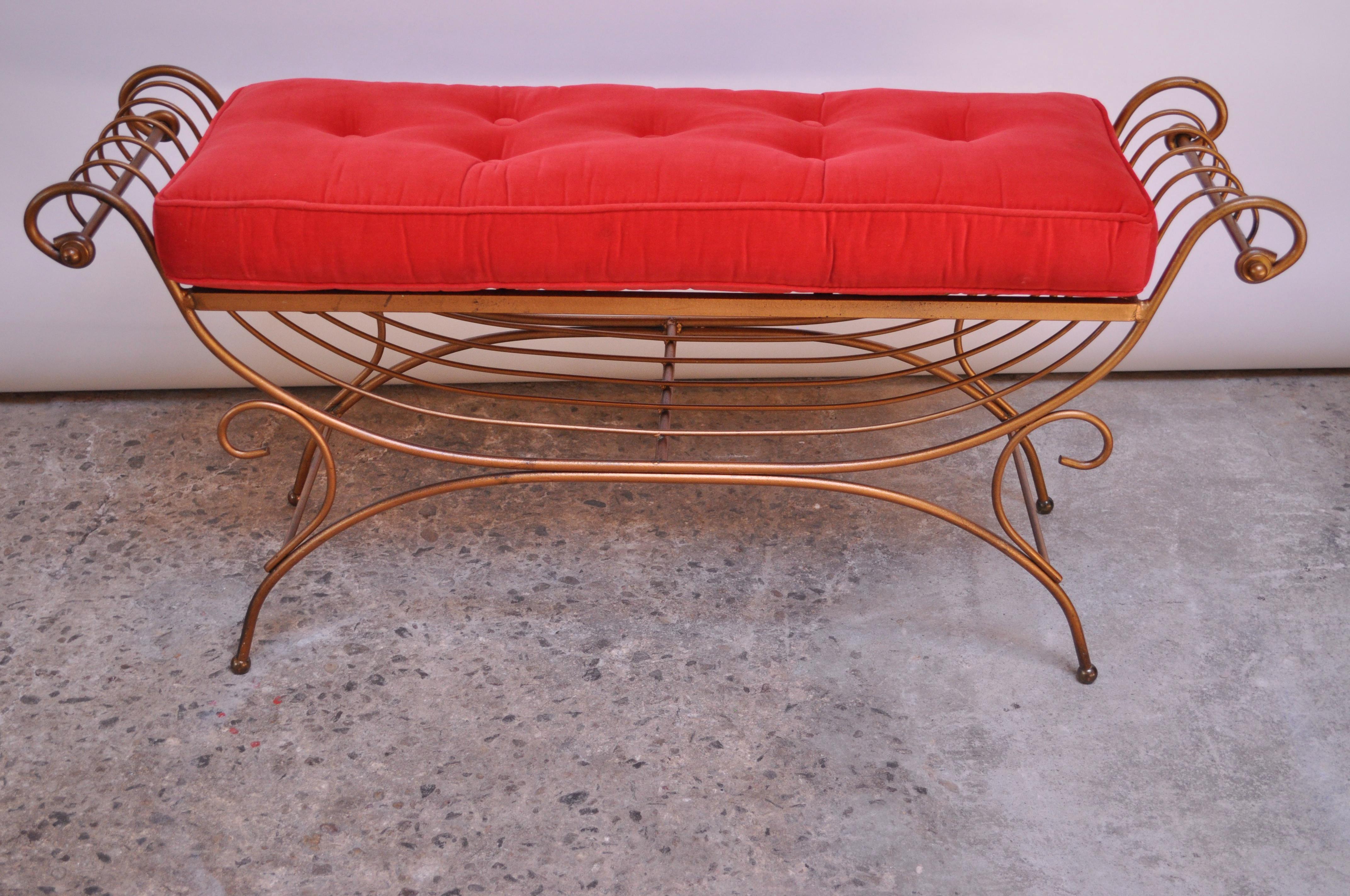 Mid-20th Century Italian Patinated Brass Bench with Cushion