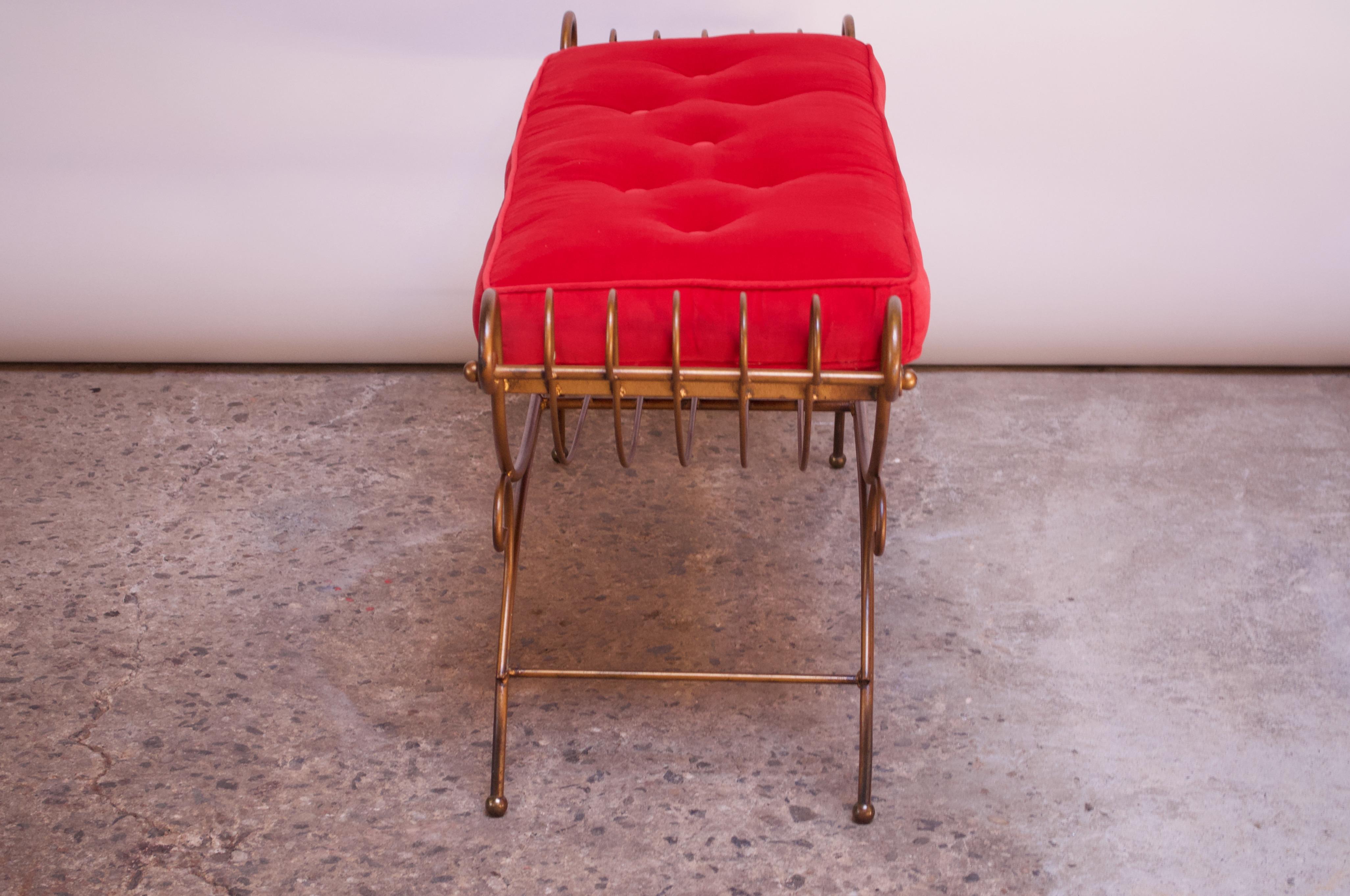 Italian Patinated Brass Bench with Cushion 2