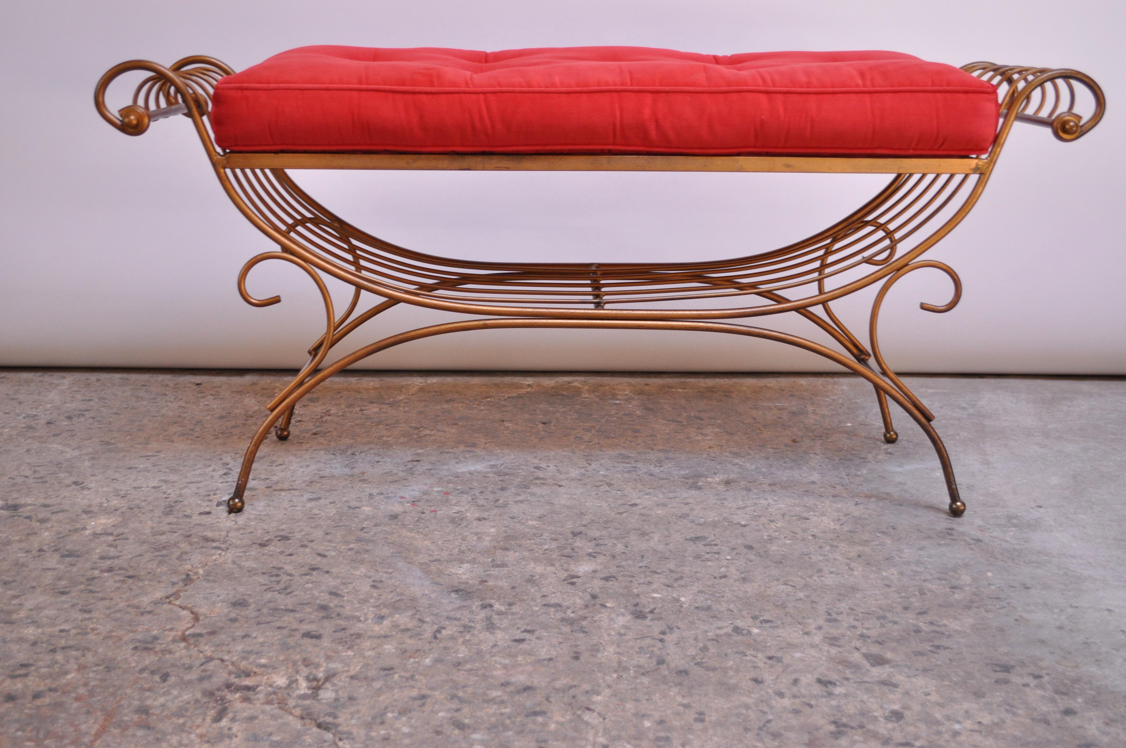 Mid-Century Modern Italian Patinated Brass Bench with Cushion