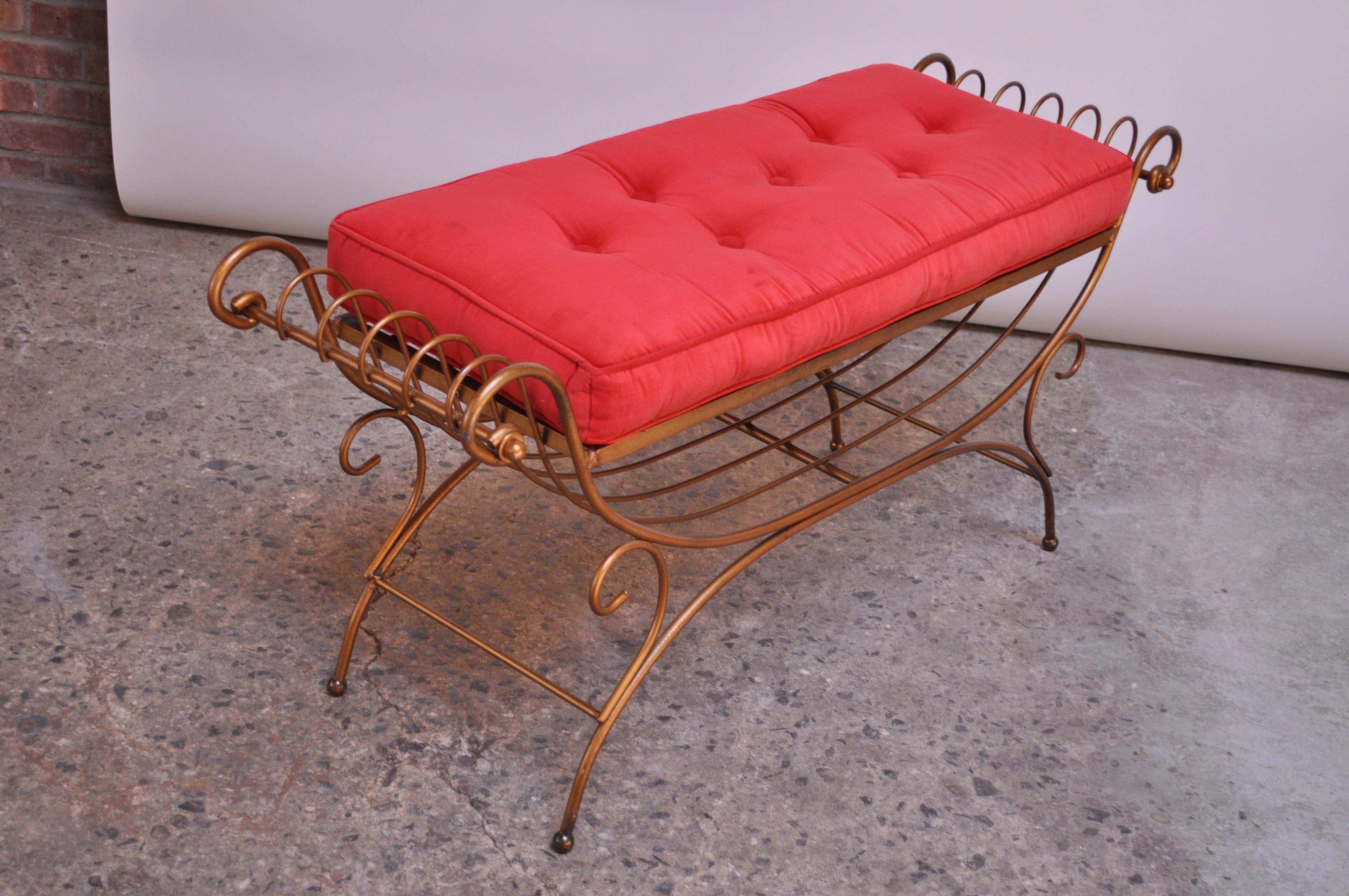 Velvet Italian Patinated Brass Bench with Cushion