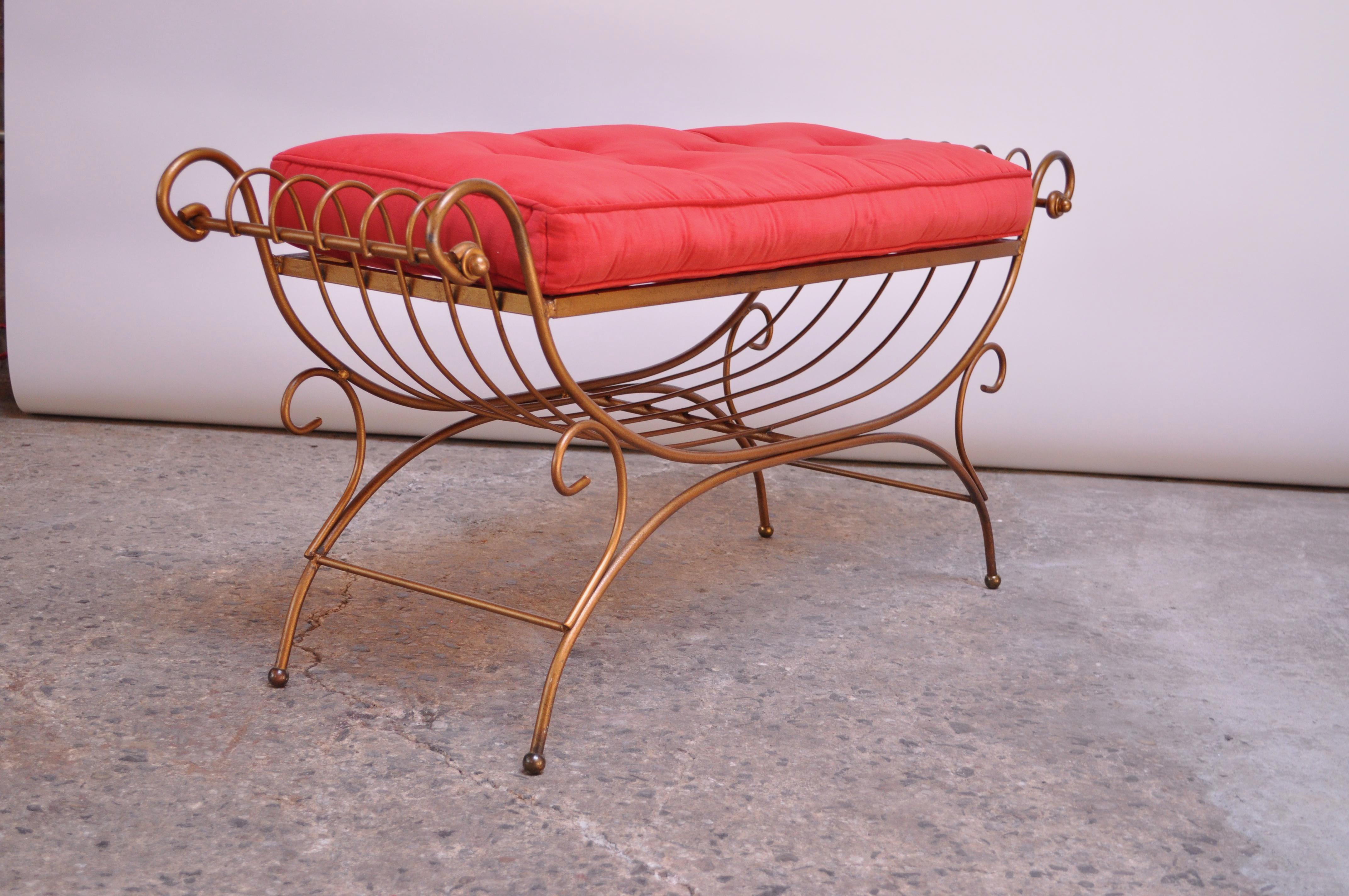 Italian Patinated Brass Bench with Cushion 1
